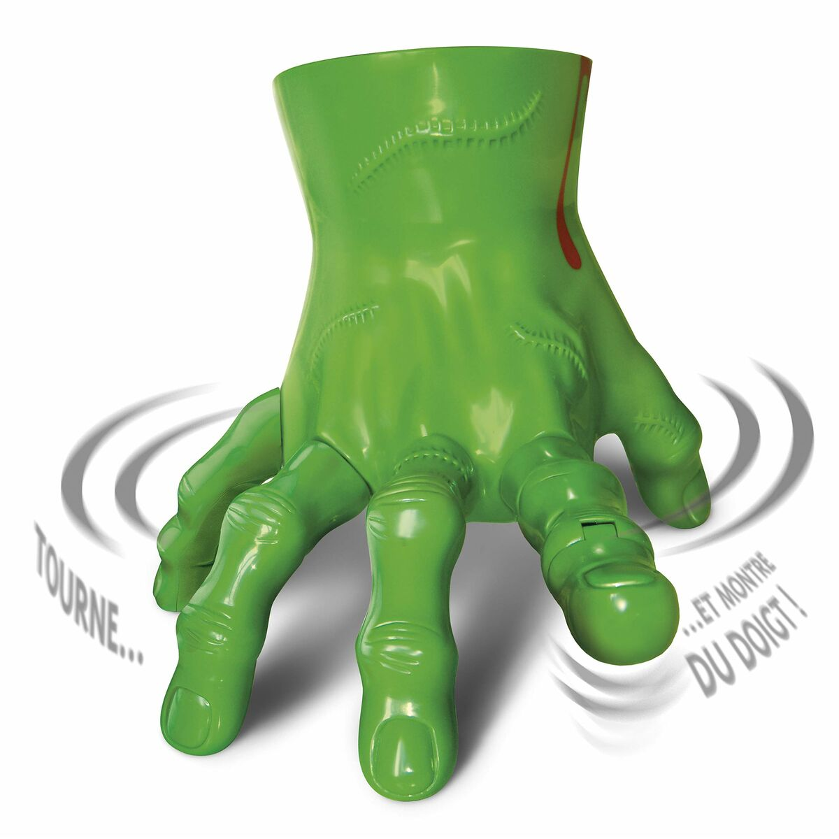 Un giocattolo a forma di mano verde con un segno rosso. La mano indica. Ha uno sfondo bianco.