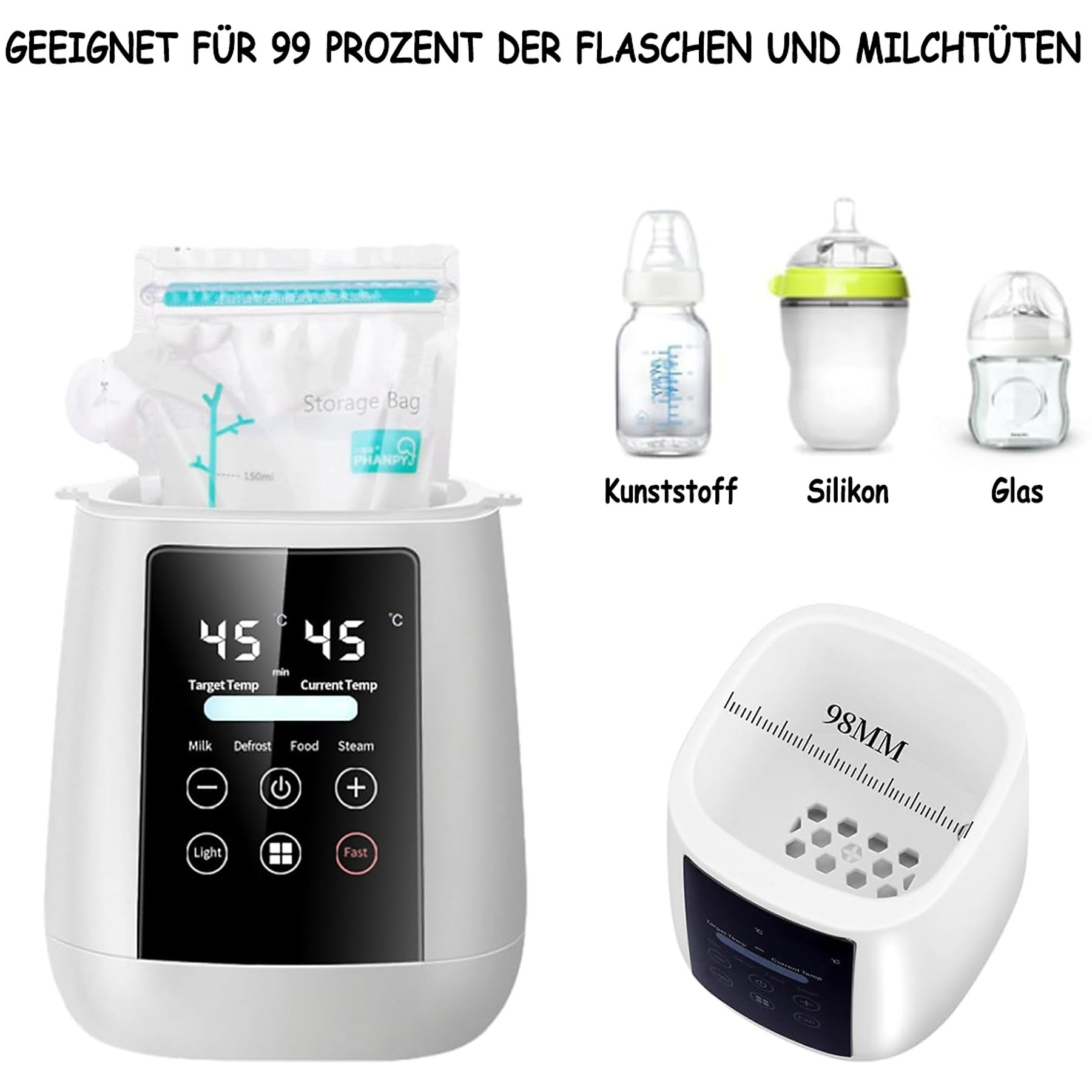 Babyflaschenwärmer mit Digitalanzeige. Beispiele für Flaschen aus Kunststoff, Silikon und Glas.