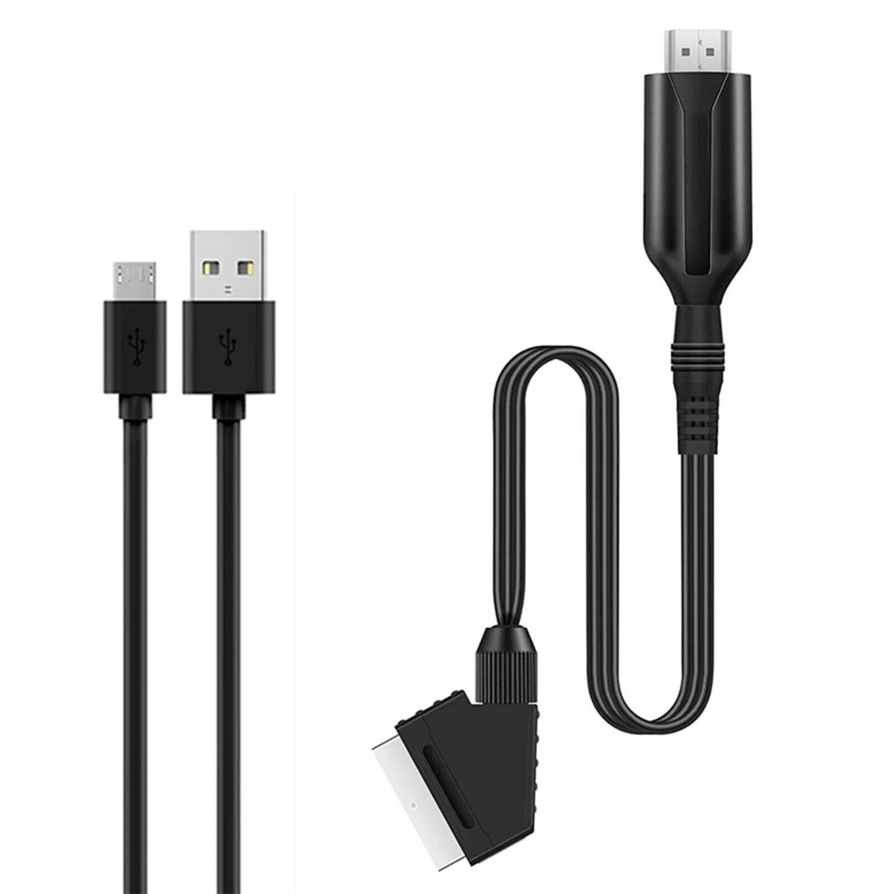 Schwarze USB-Kabel mit verschiedenen Anschlüssen. Eines hat zwei USB-A-Anschlüsse, das andere ein SCART-Kabel.
