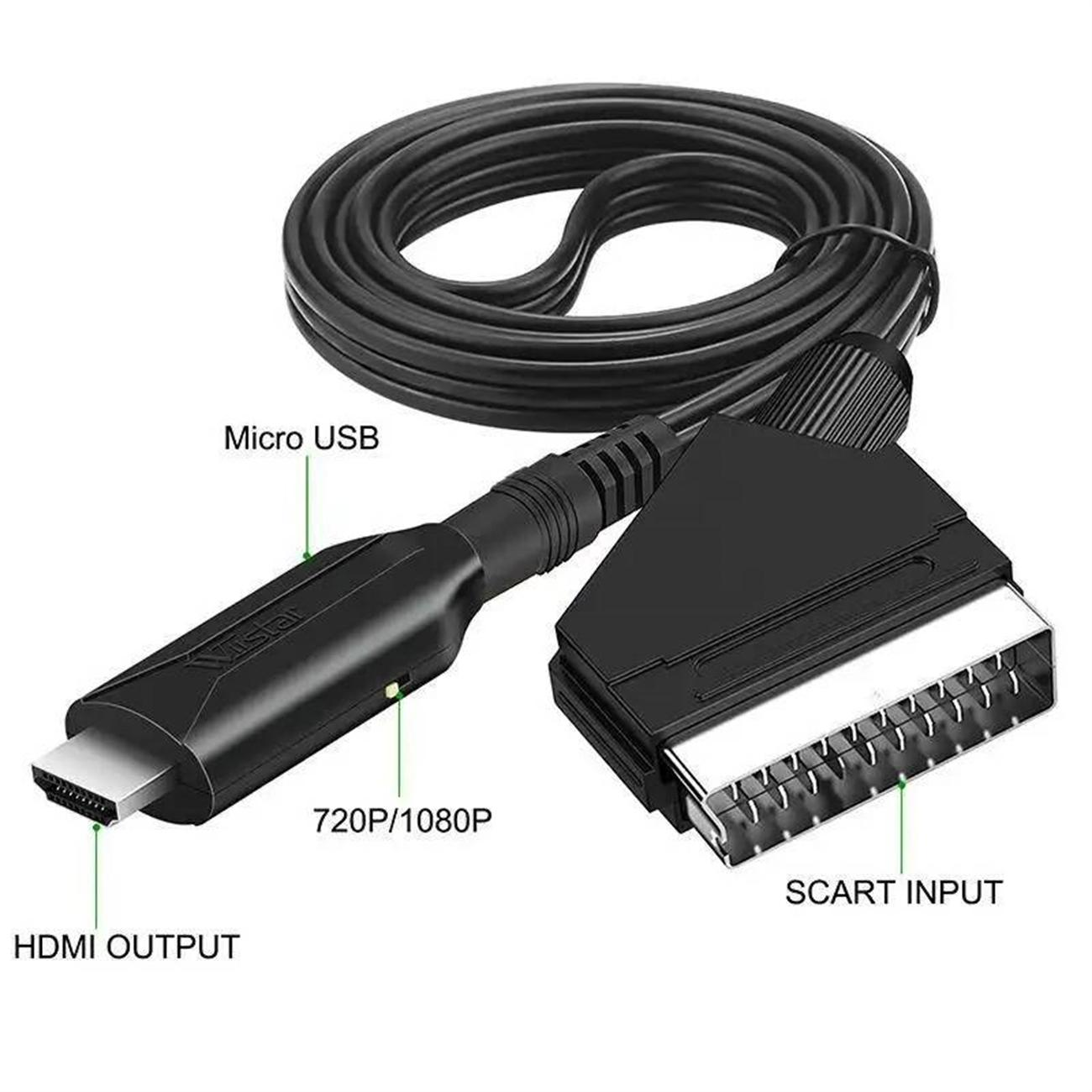 HDMI-zu-SCART-Kabel mit Beschriftungen für Ausgangs- und Eingangsanschlüsse.