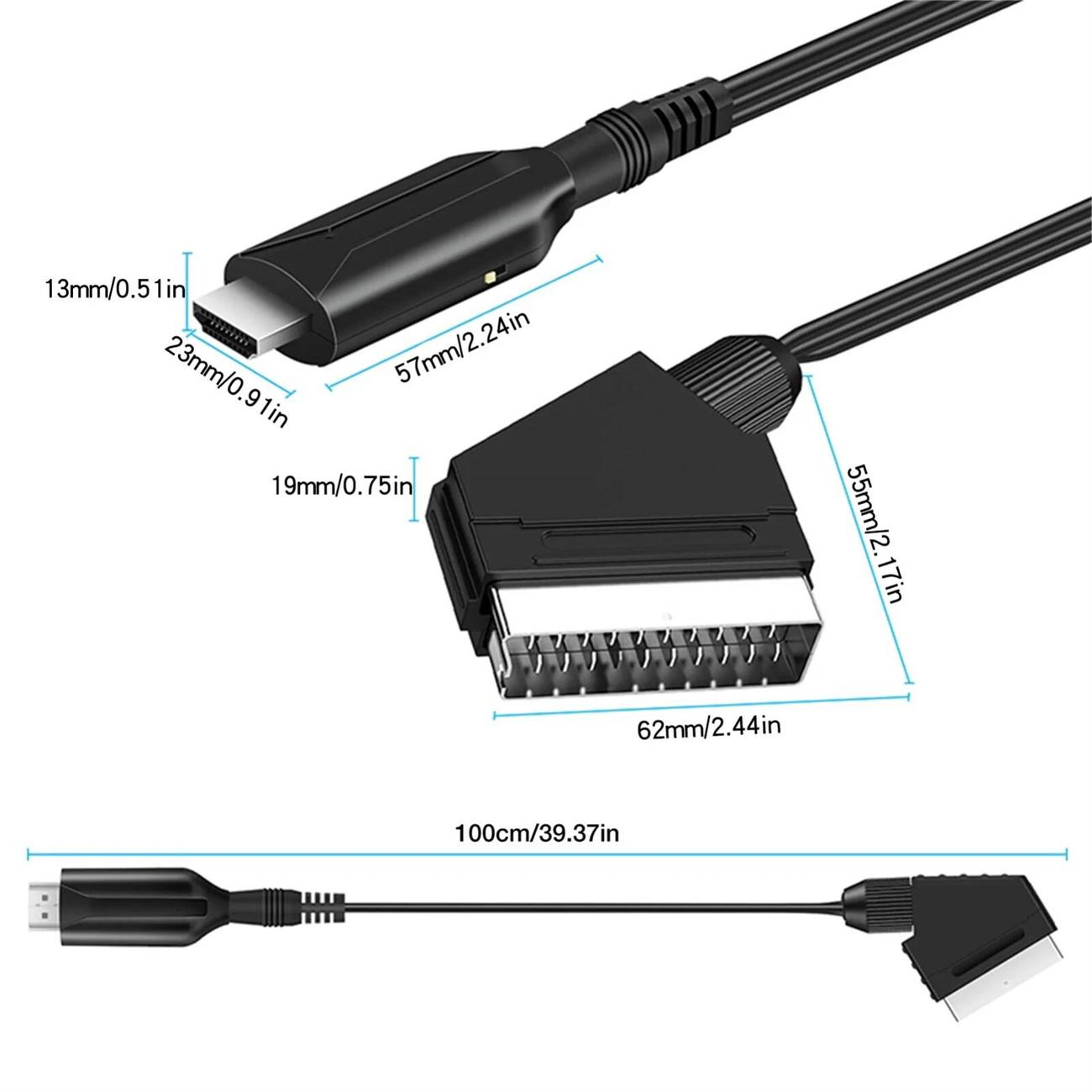 Schwarzes USB-zu-SCART-Adapterkabel mit Abmessungen. Weißer Hintergrund.
