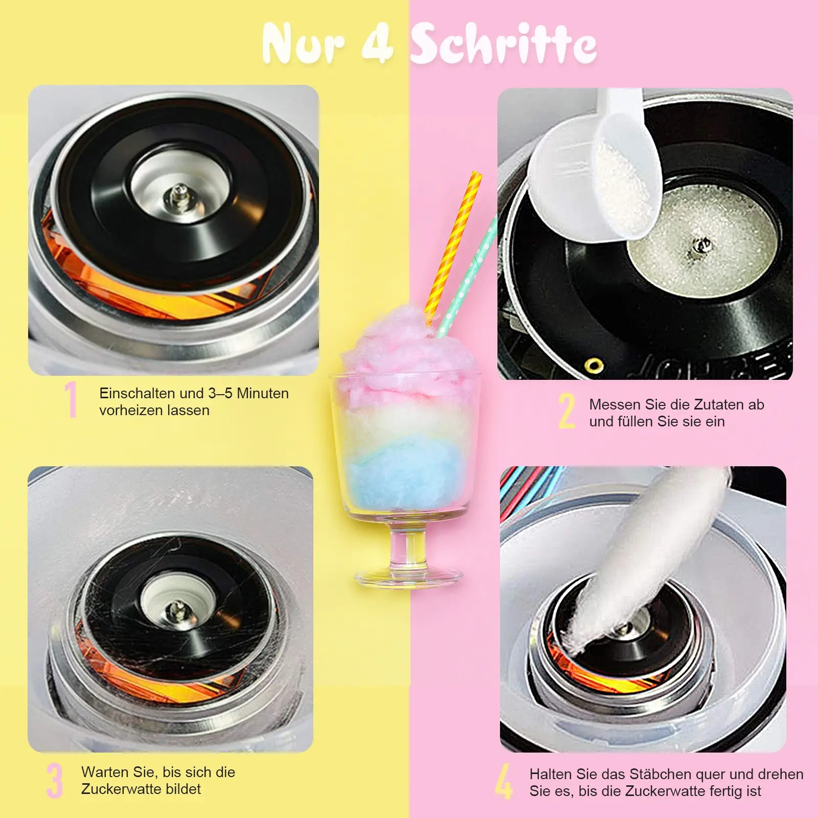 Zuckerwattemaschine mit Anleitung: erhitzen, Zucker hinzufügen, warten, drehen.