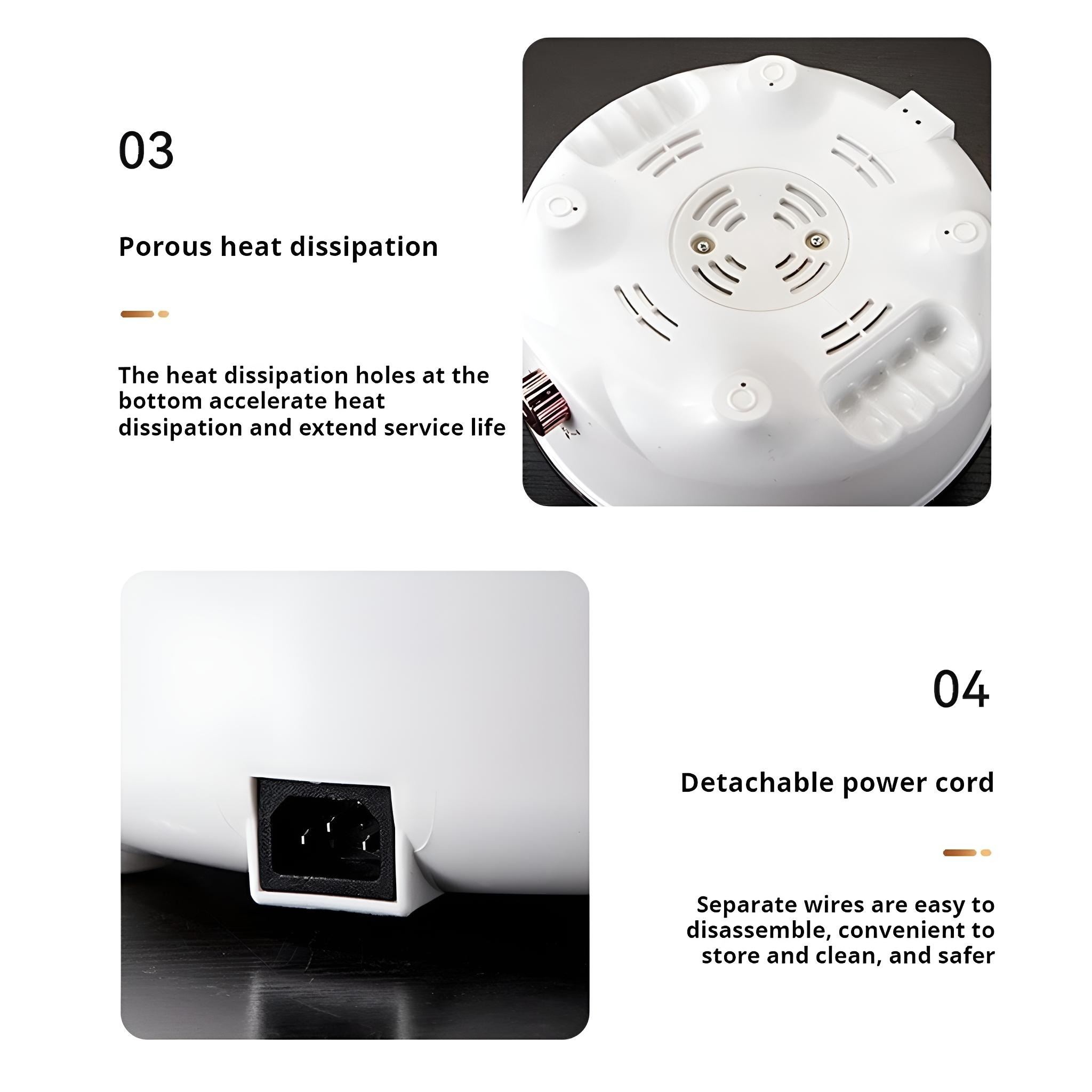 Details eines weißen Kochtopfs mit poröser Wärmeableitung und abnehmbarem Netzkabel.