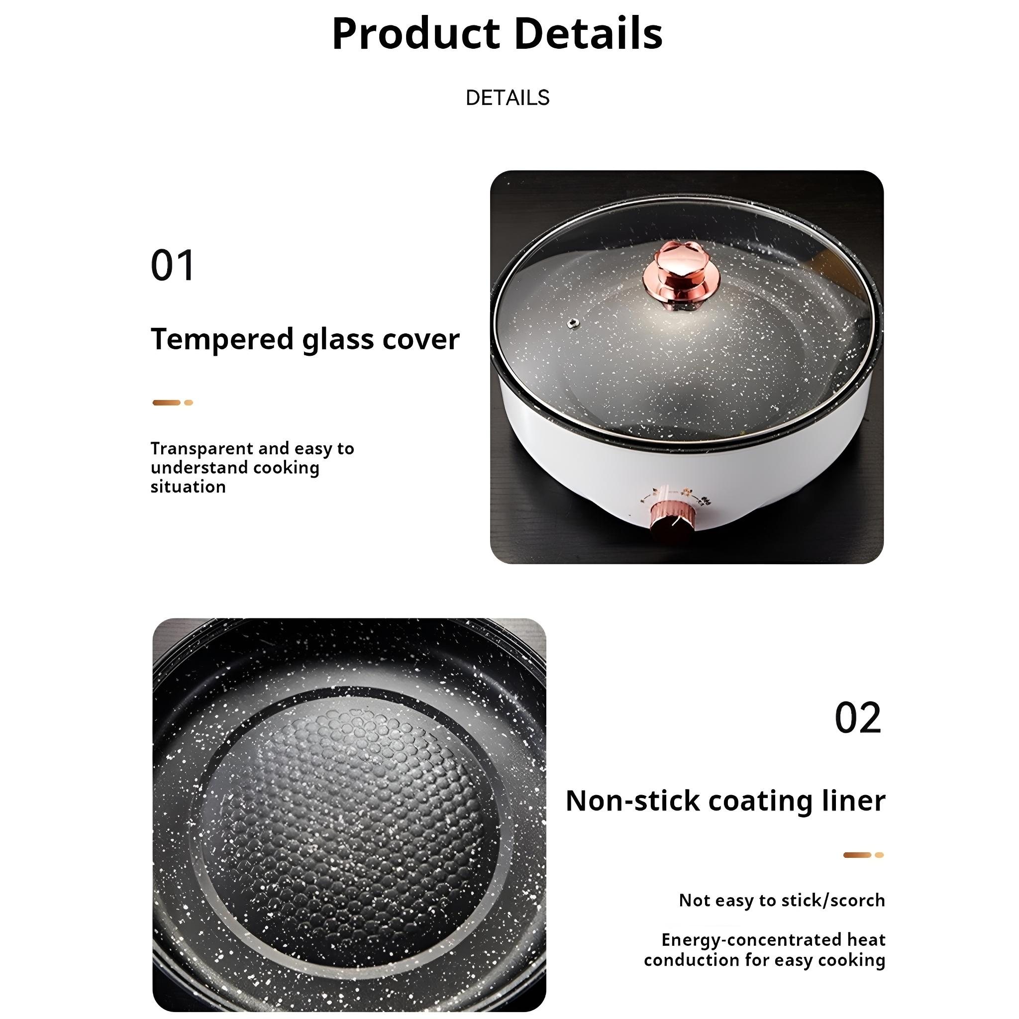 Produktdetails eines schwarzen Kochtopfs. Enthält Bilder des Deckels, des Innenfutters und Details.