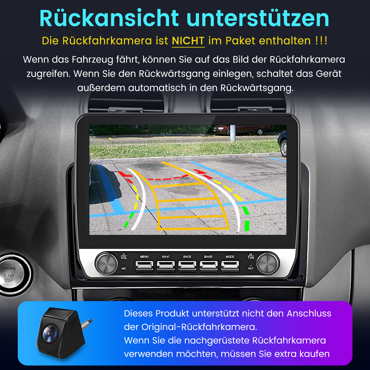 Auto-Dashboard-Bildschirm, der ein Bild einer Straße und der Umgebung des Autos anzeigt.