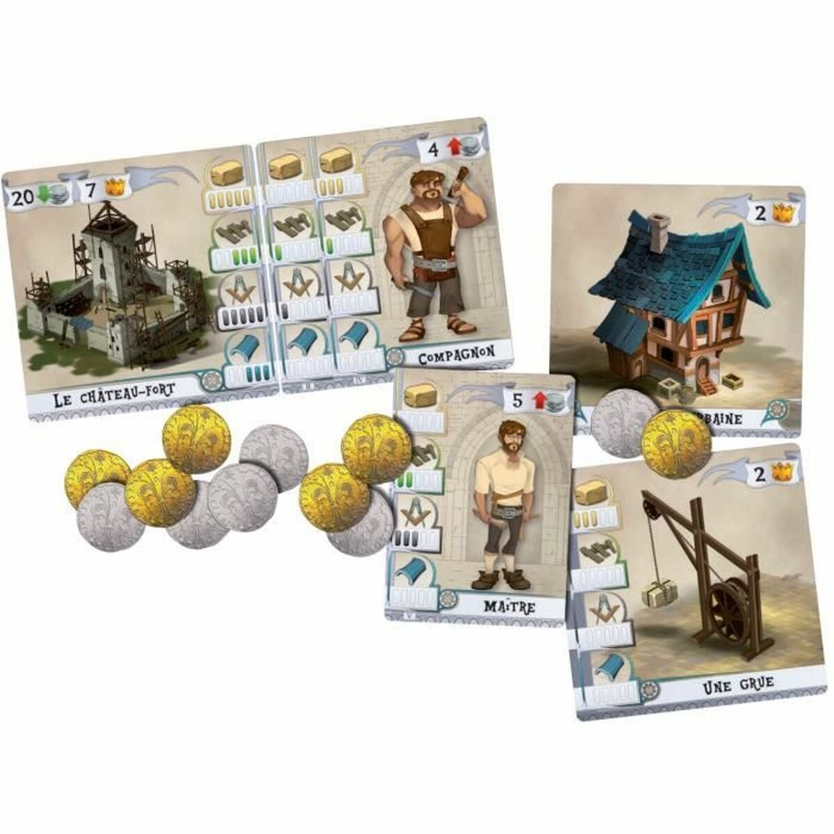 Gioco da tavolo con carte e pezzi di legno. Le carte mostrano edifici e lavoratori. Sfondo bianco.