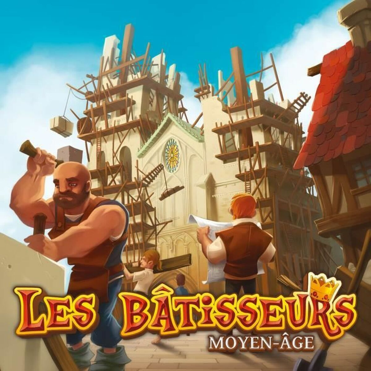 Illustrazione della scatola di un gioco da tavolo, 'Les Batisseurs'. Mostra costruttori, un edificio e il titolo del gioco.