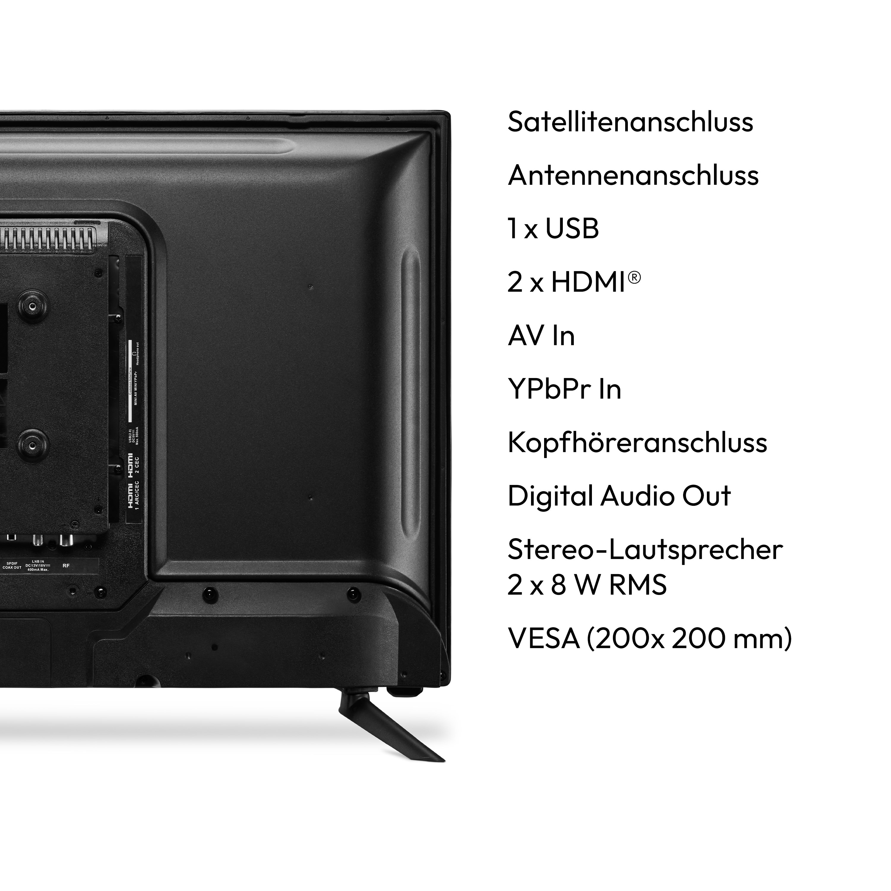 Schwarze TV-Rückseite mit Anschlüssen. Enthält Satellit, HDMI und USB-Anschlüsse.