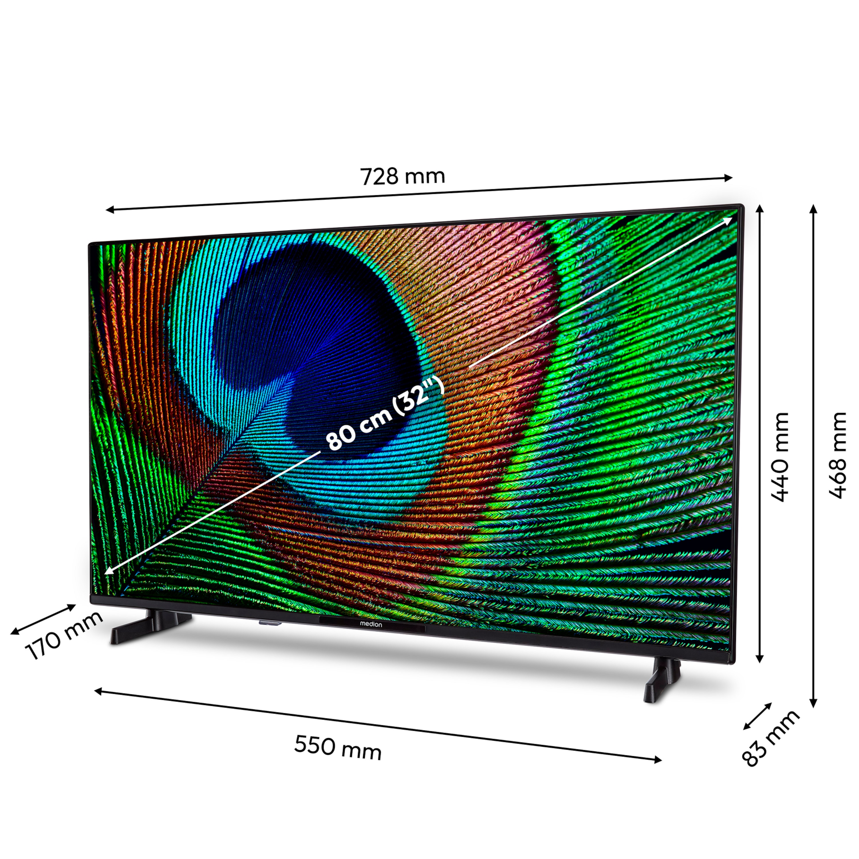 Tv met een pauwenveer. Afmetingen worden weergegeven, met lengte-, breedte- en hoogte-aantekeningen.