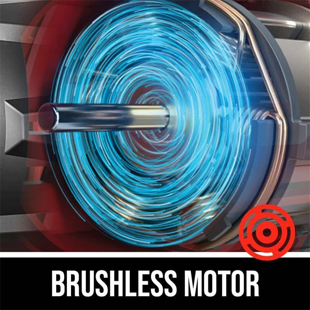 Nahaufnahme eines Motors mit blauen Wirbellinien und dem Text 'Brushless Motor'.