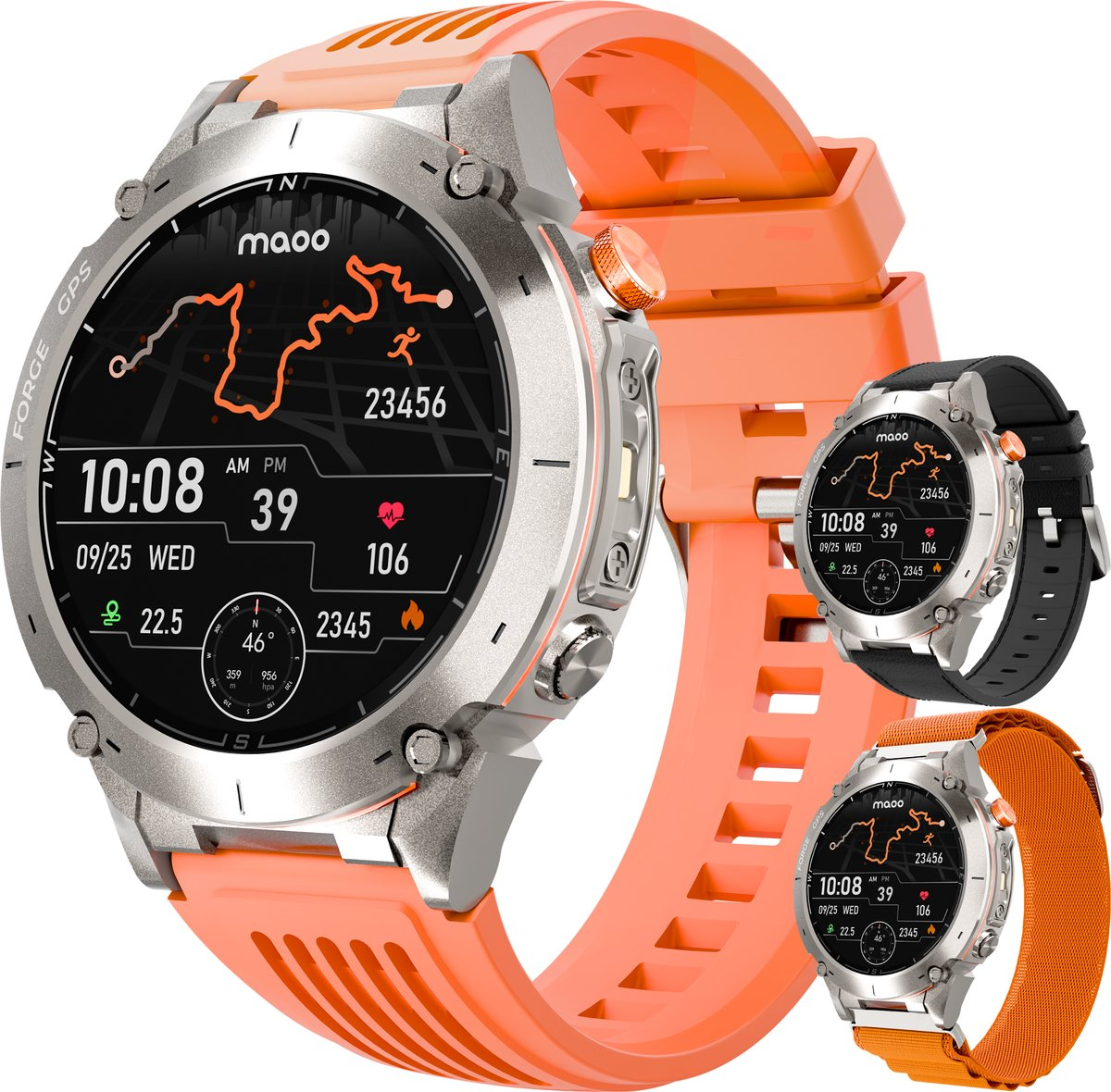 Smartwatch mit orangefarbenem Band und zwei alternativen Bändern. Zeigt Zeit, Statistiken und Karte.