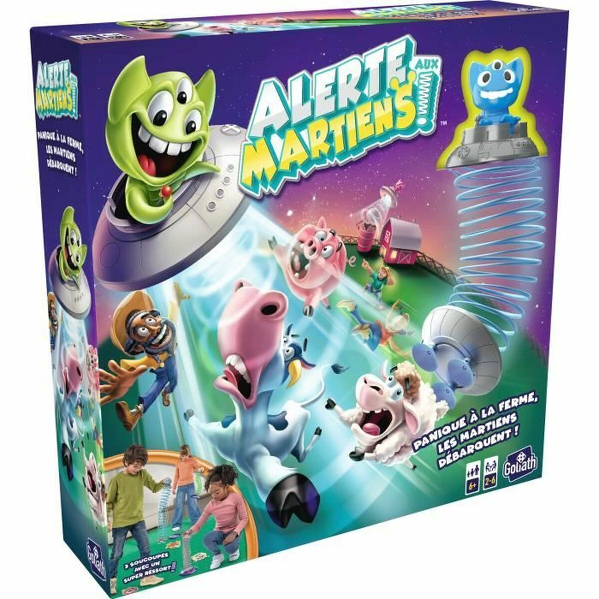 Box für das Spiel 'Alerte Martiens'. Enthält Cartoon-Aliens, Kühe und spielende Kinder.
