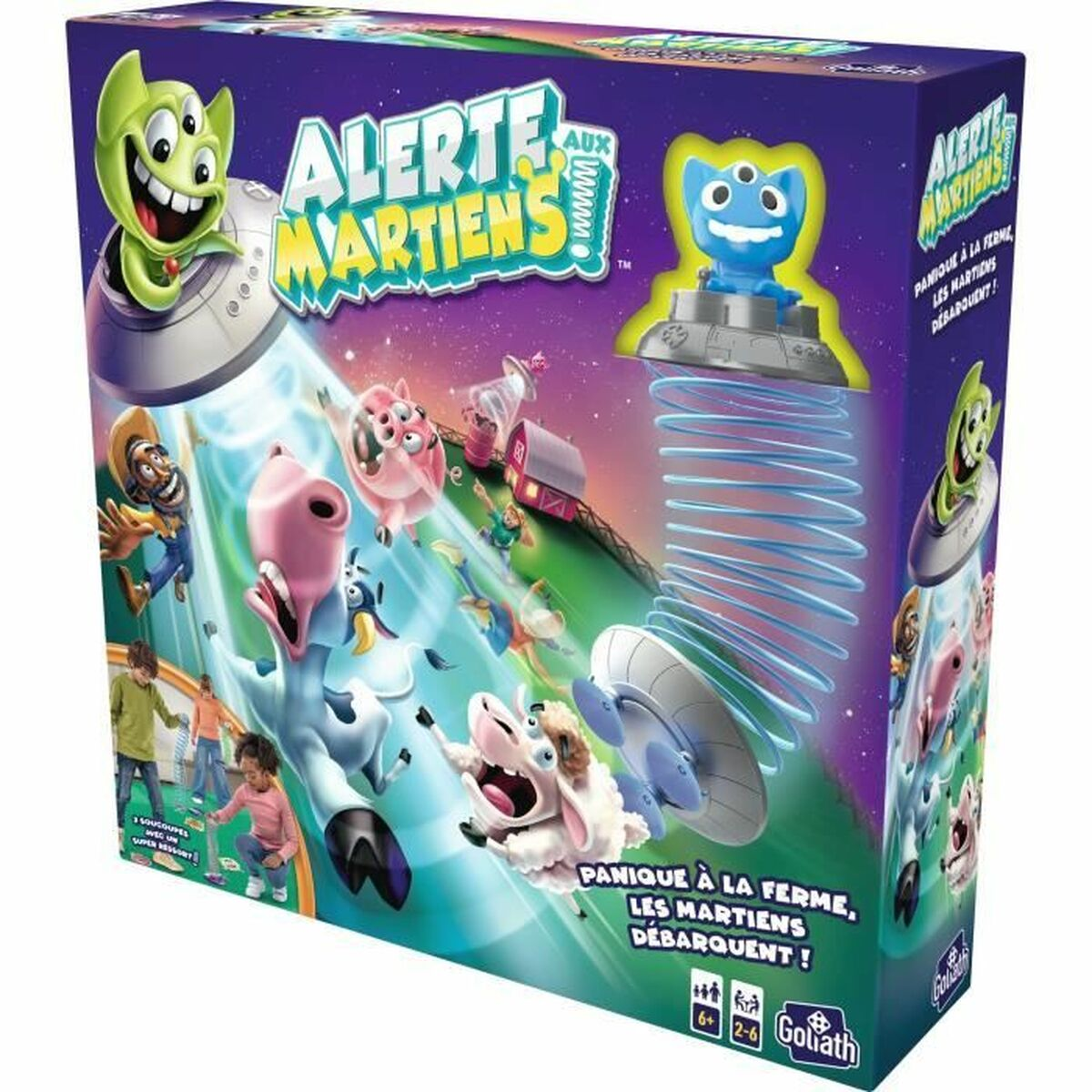 Box für das Spiel 'Alerte Martiens'. Cartoon-Aliens, Kühe und Kinder spielen auf einer Farm.