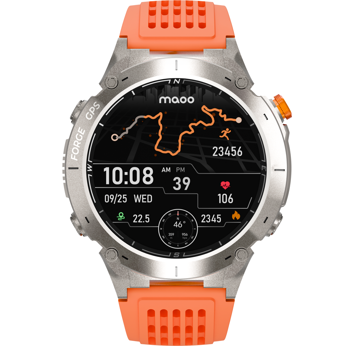 Smartwatch mit orangefarbenem Armband, zeigt Zeit, Herzfrequenz und Karte.