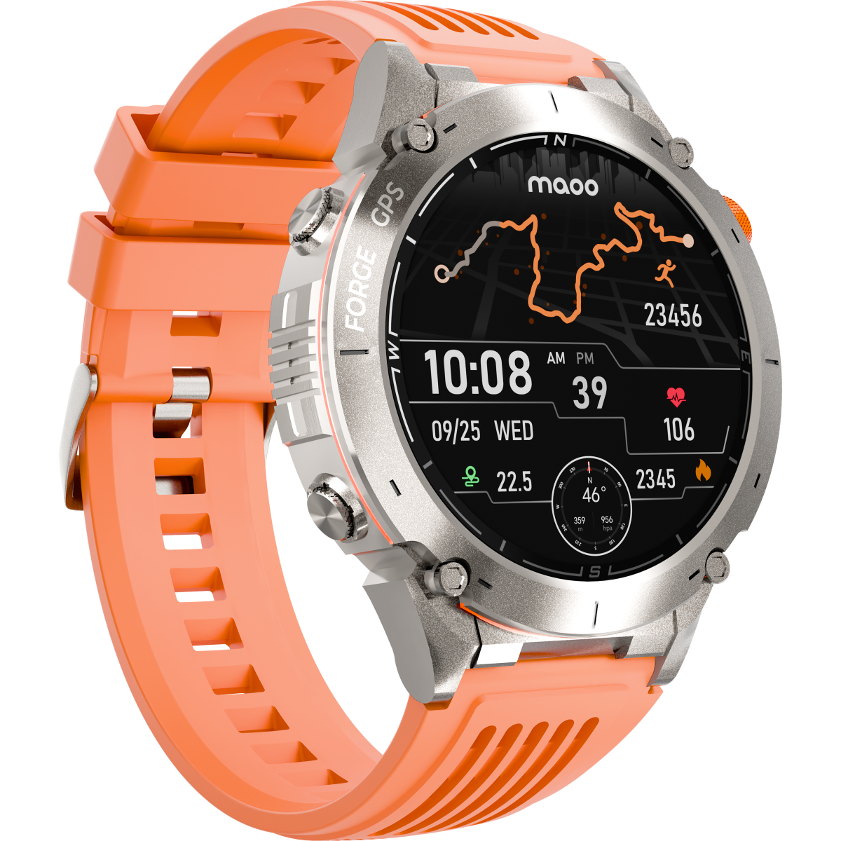 Smartwatch mit orangefarbenem Armband, zeigt Zeit, Herzfrequenz und Kartenanzeige.