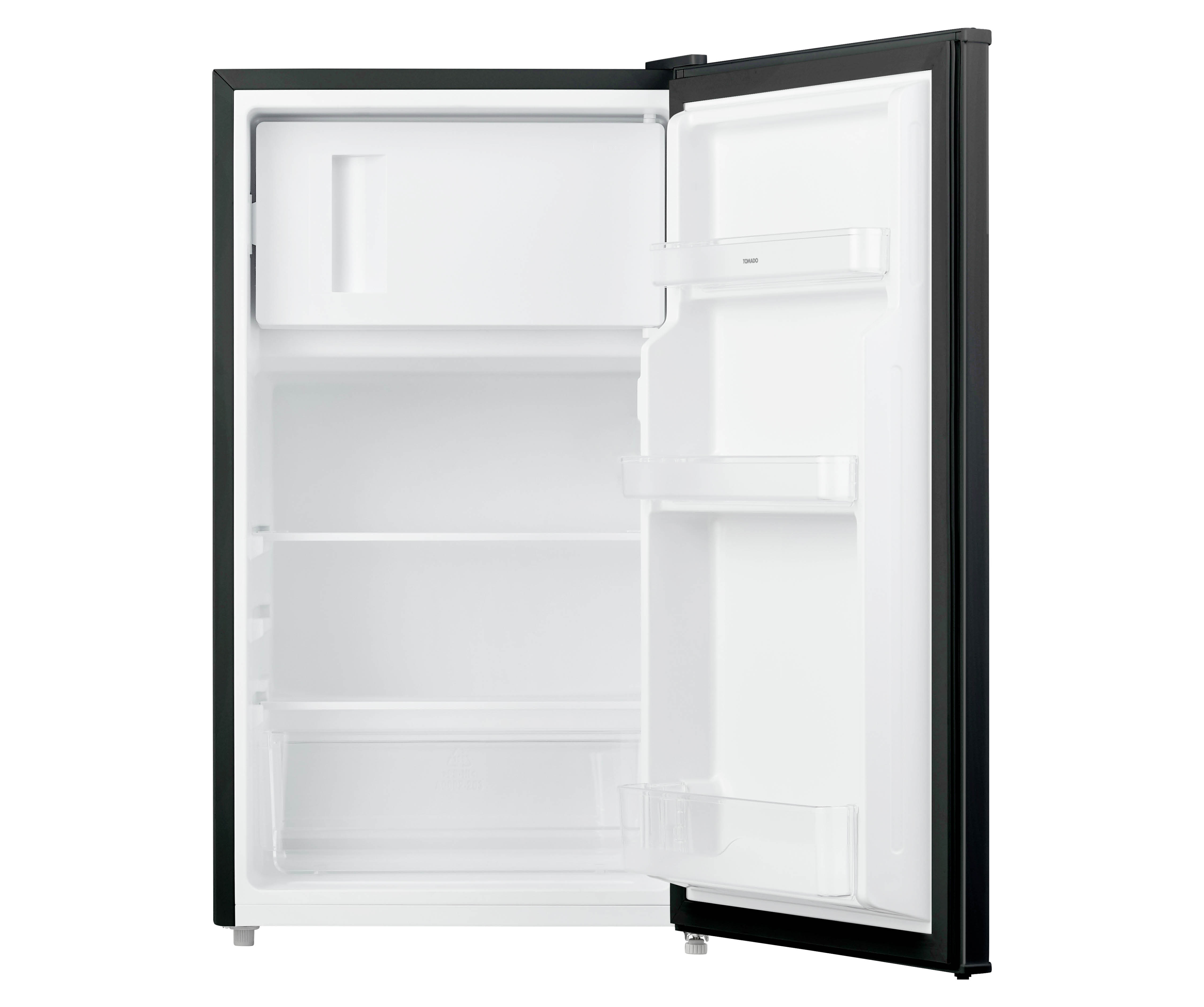 Open black mini-fridge with shelves inside. The door is open, showing the interior with shelves.