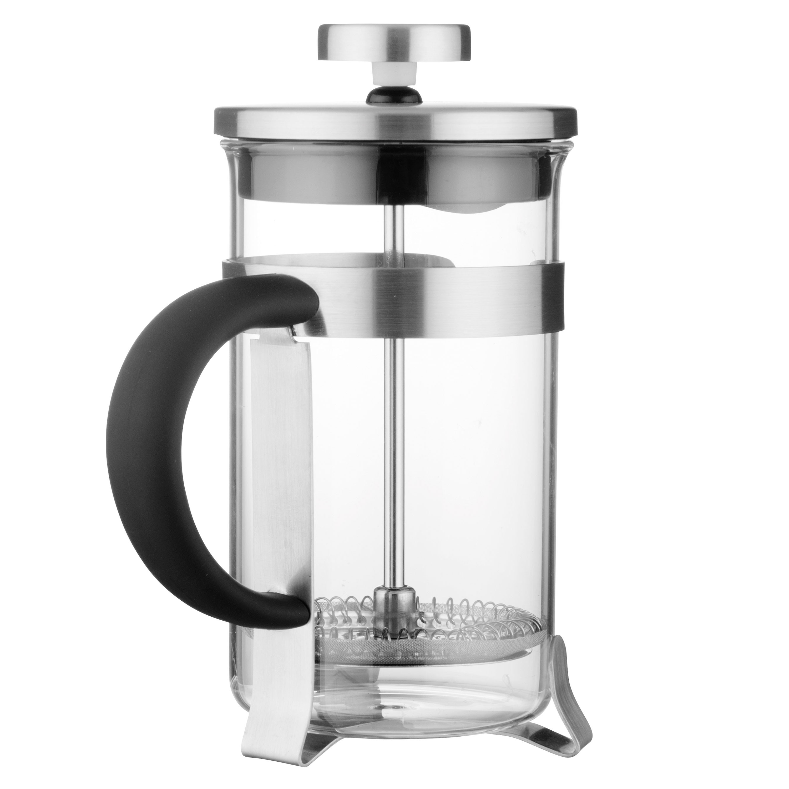Szklany ekspres do kawy typu French press ze stalową ramą i czarnym uchwytem.