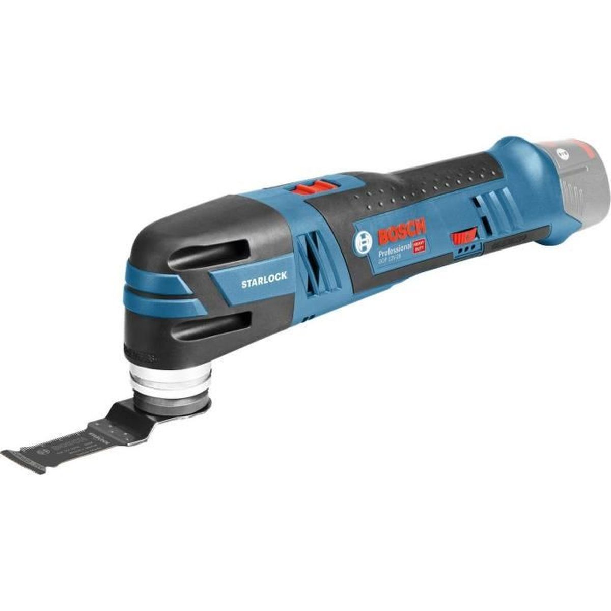 Ein blaues und schwarzes Bosch-Multitool mit angebrachter Klinge und Bosch-Logo.