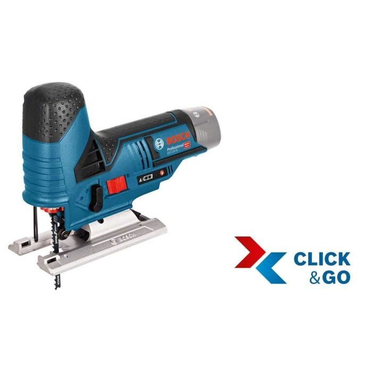 Blaue und schwarze Bosch Stichsäge mit 'CLICK & GO' Logo, freigestellt.