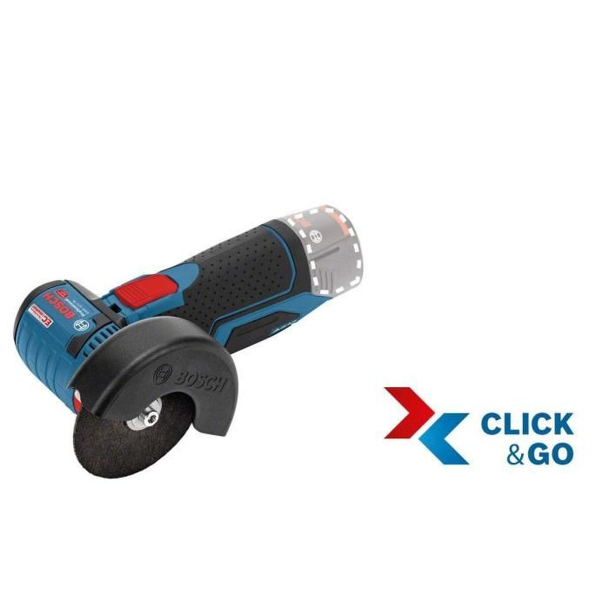 Bosch Schleifer mit Click & Go Logo. Der Schleifer ist blau und schwarz.