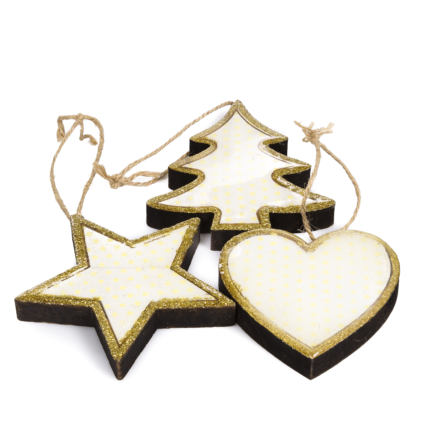 Addobbi natalizi: stella, albero e cuore. Rifiniture glitter dorate, interni bianchi, su spago.