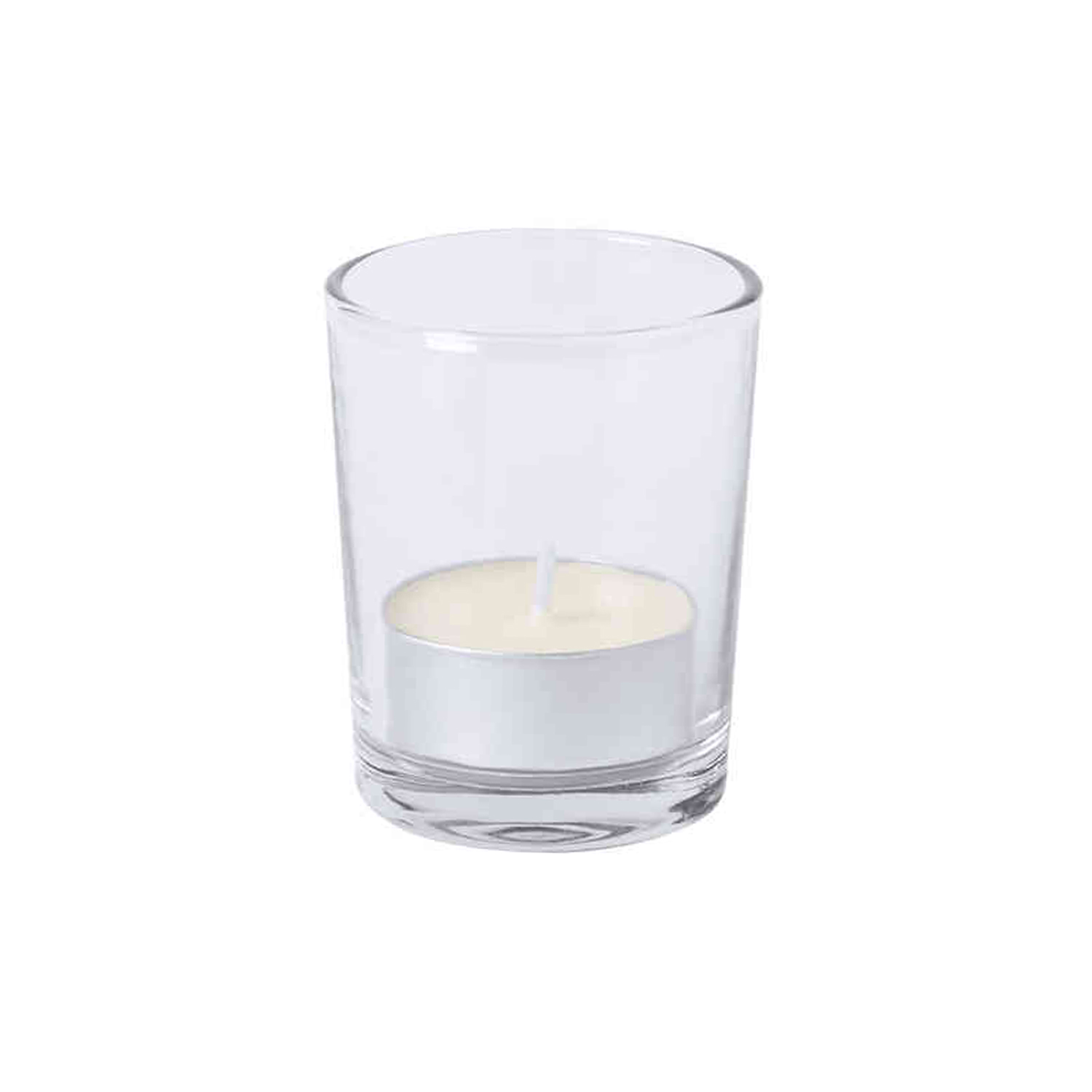 Klarer Glas-Votivkerzenhalter mit einer weißen Kerze darin. Der Halter ist zylindrisch.