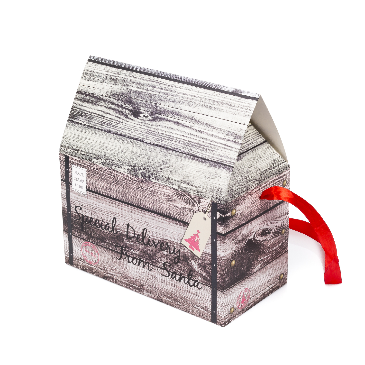 Weihnachtsgeschenkbox in Hausform. Holzmaserung, rotes Band und ein Etikett.
