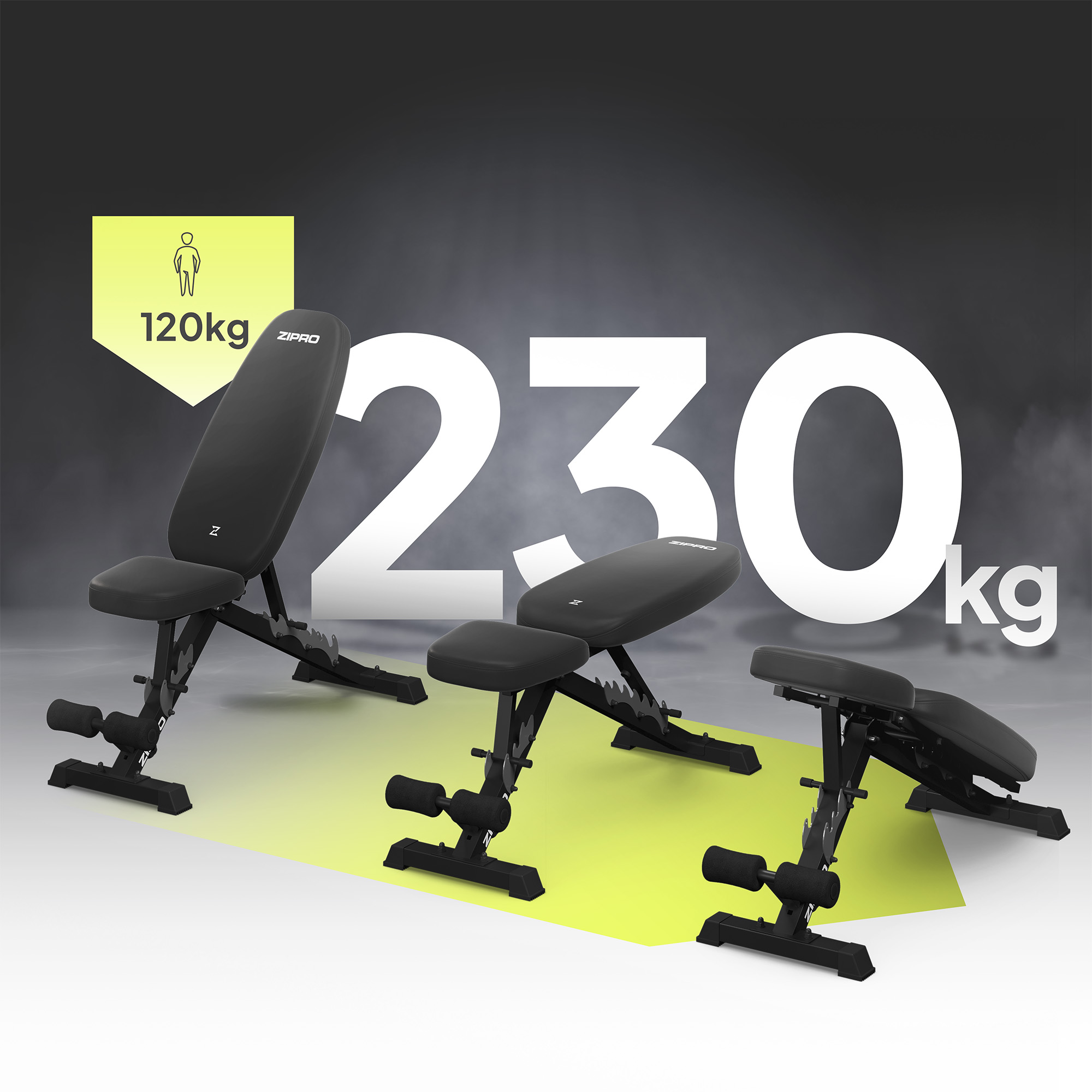 Drei schwarze Hantelbänke mit großem '230kg' und einem 120kg-Symbol.