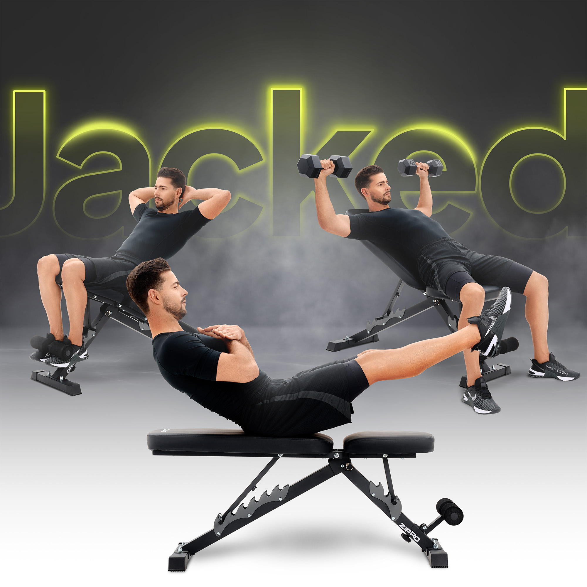 Mann, der die Bank für Übungen benutzt, mit dem Wort 'Jacked' im Hintergrund.