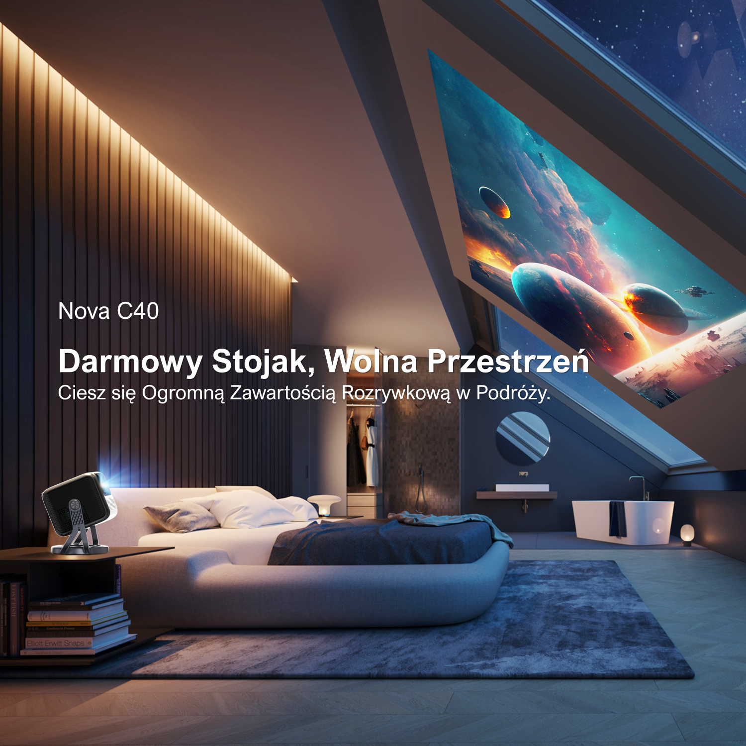 Pokój z rzutowanym obrazem na suficie, łóżkiem i projektorem.