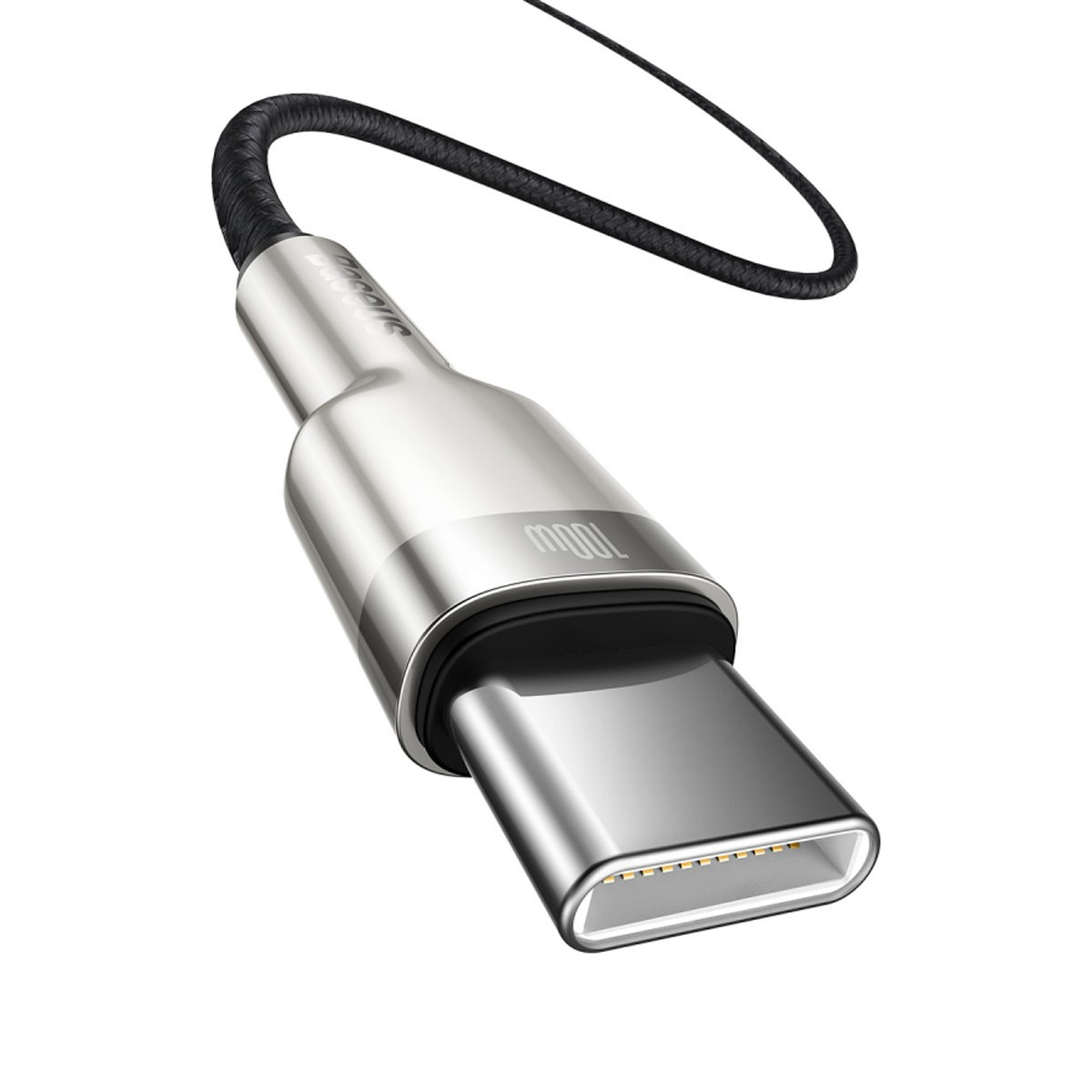 Srebrny kabel USB-C z czarnym kablem i etykietą '100W'.