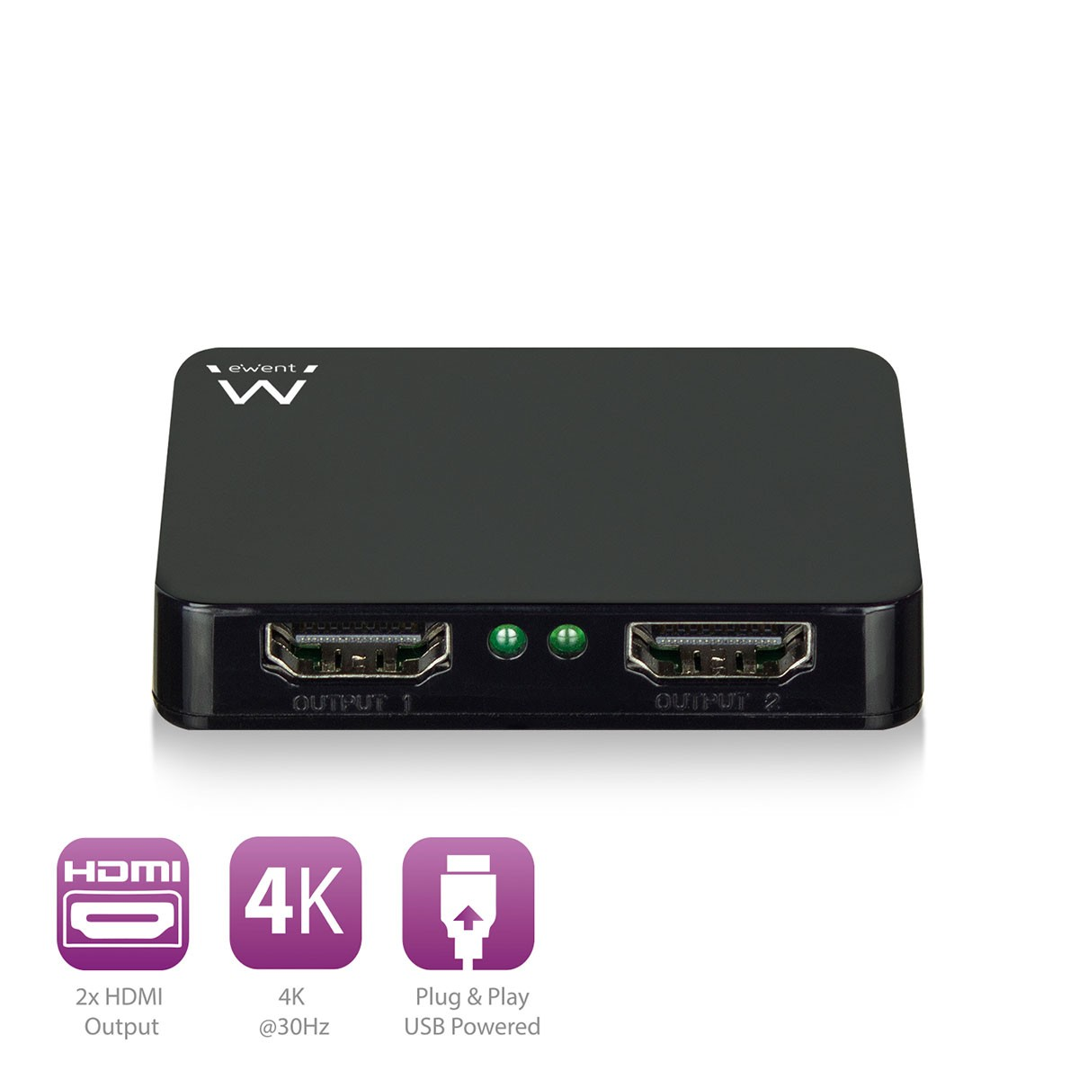 Un conmutador HDMI negro con dos puertos de salida y una conexión USB, con iconos para 4K y salida HDMI.