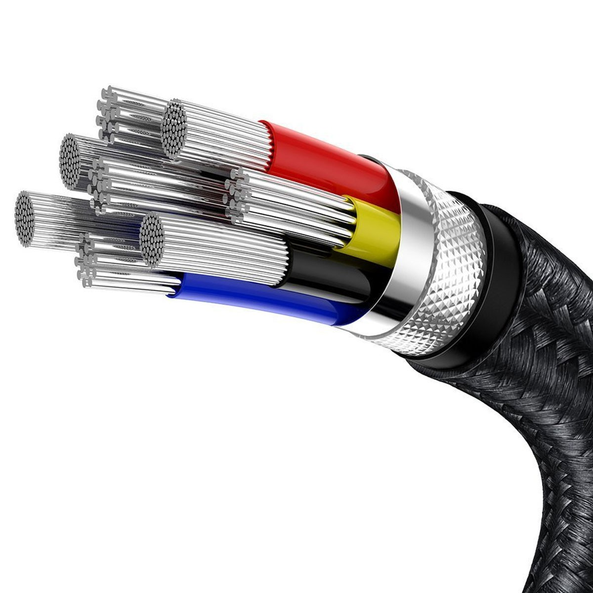 Zbliżenie plecionego kabla z kolorowymi pojedynczymi przewodami widocznymi na końcu.