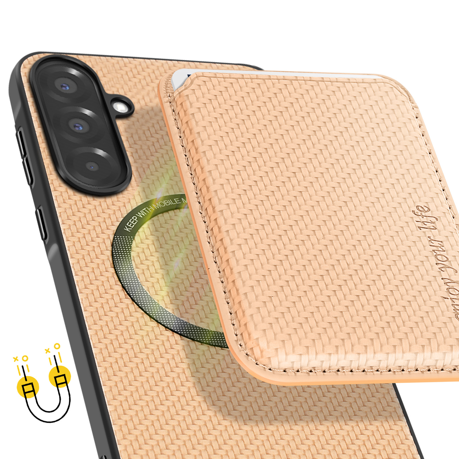 Custodia per telefono con motivo intrecciato marrone chiaro e portafoglio abbinato. La custodia è attaccata a un telefono.