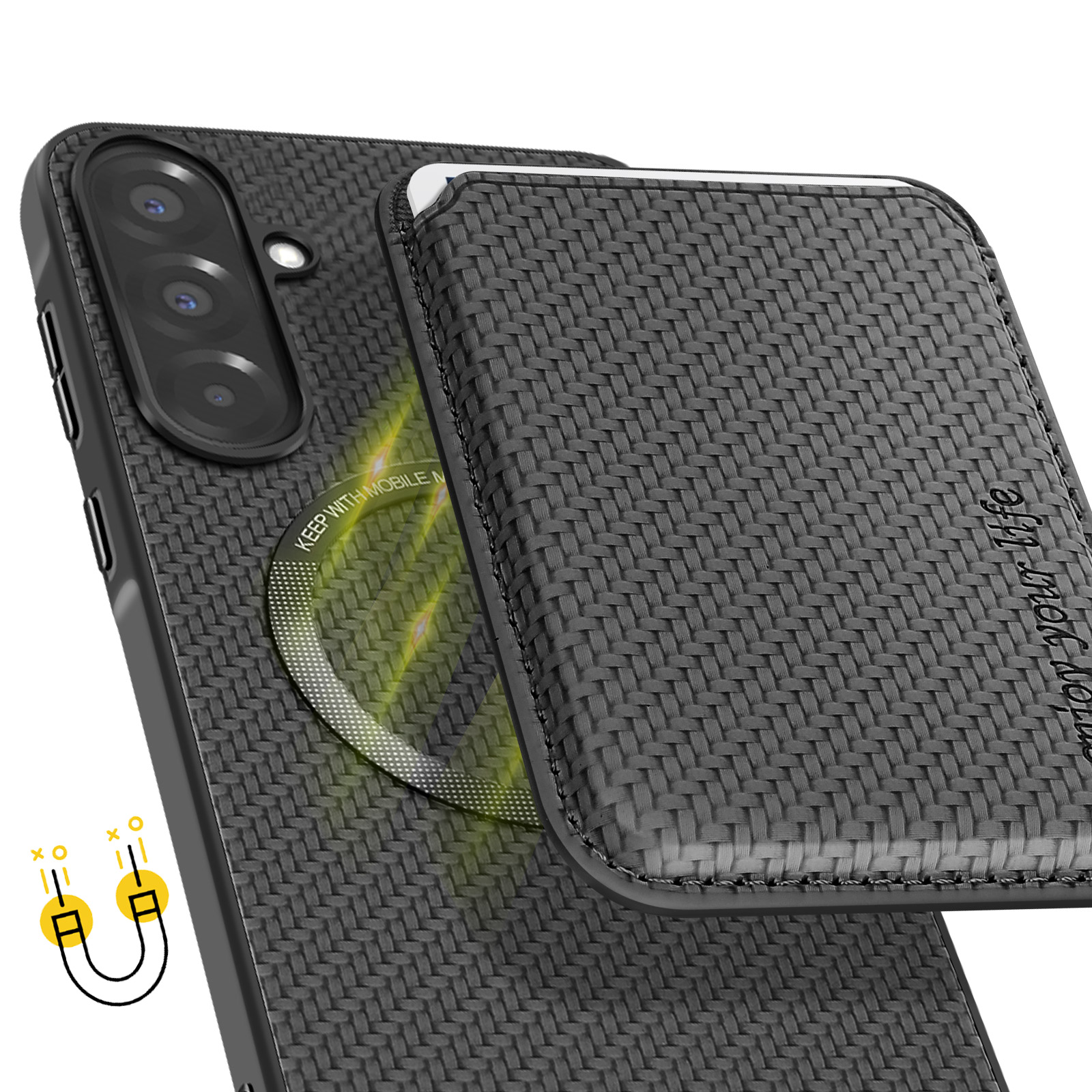 Custodia nera per telefono con design strutturato e portafoglio magnetico.