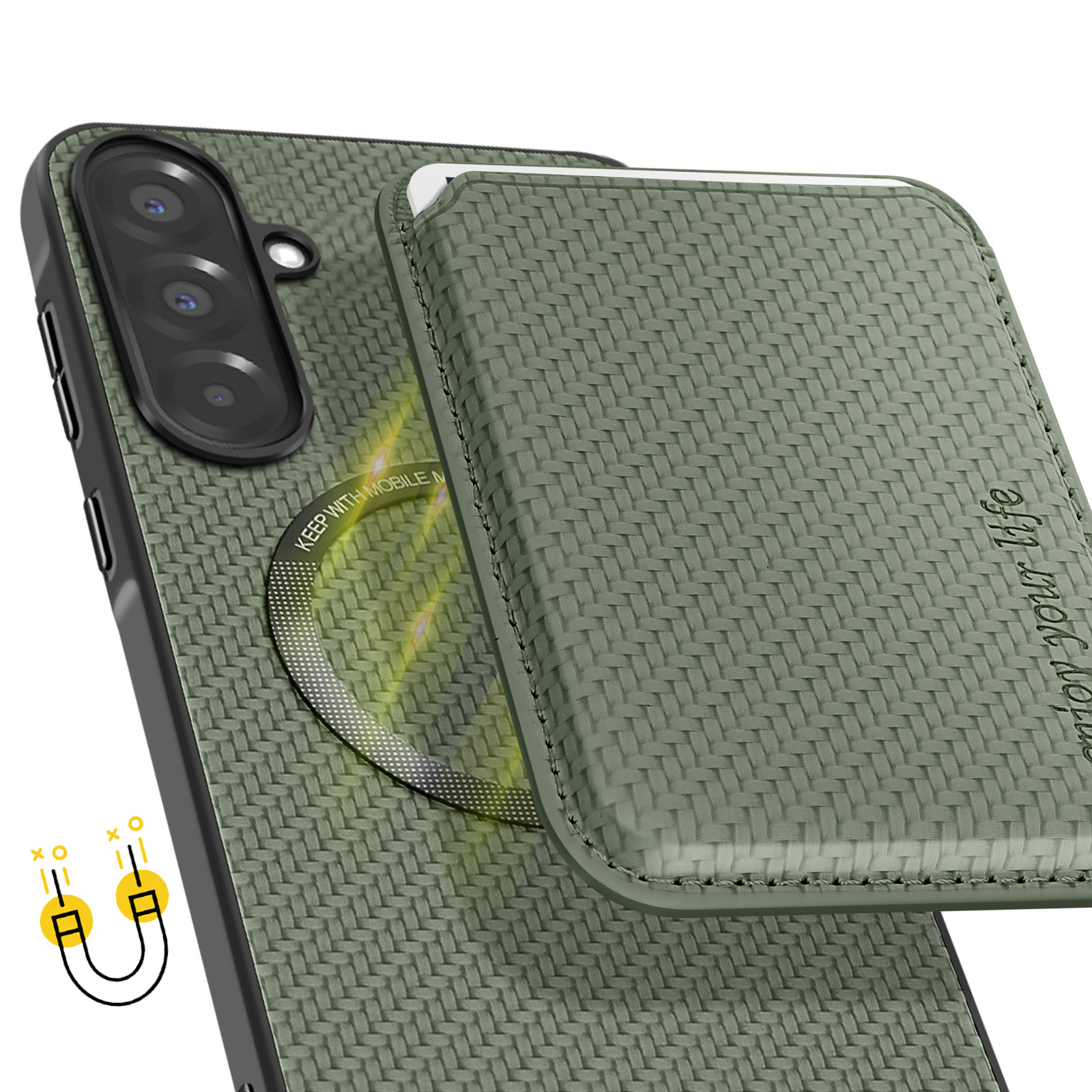 Coque de téléphone verte avec un motif tissé et un portefeuille assorti. La coque est fixée à un téléphone.