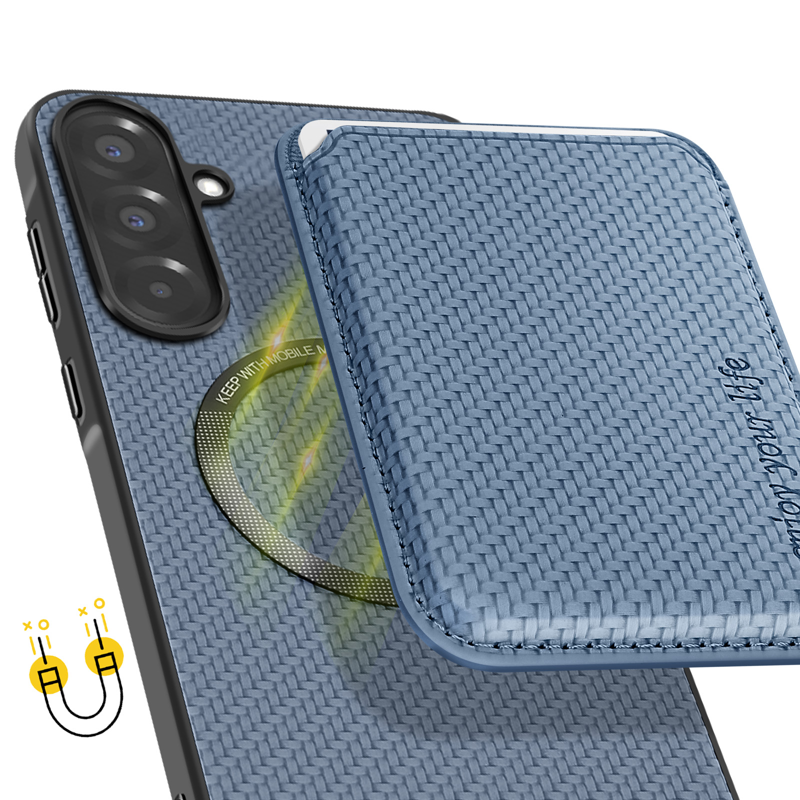 Étui de téléphone bleu avec portefeuille. Le téléphone est dans l'étui. Fond blanc.