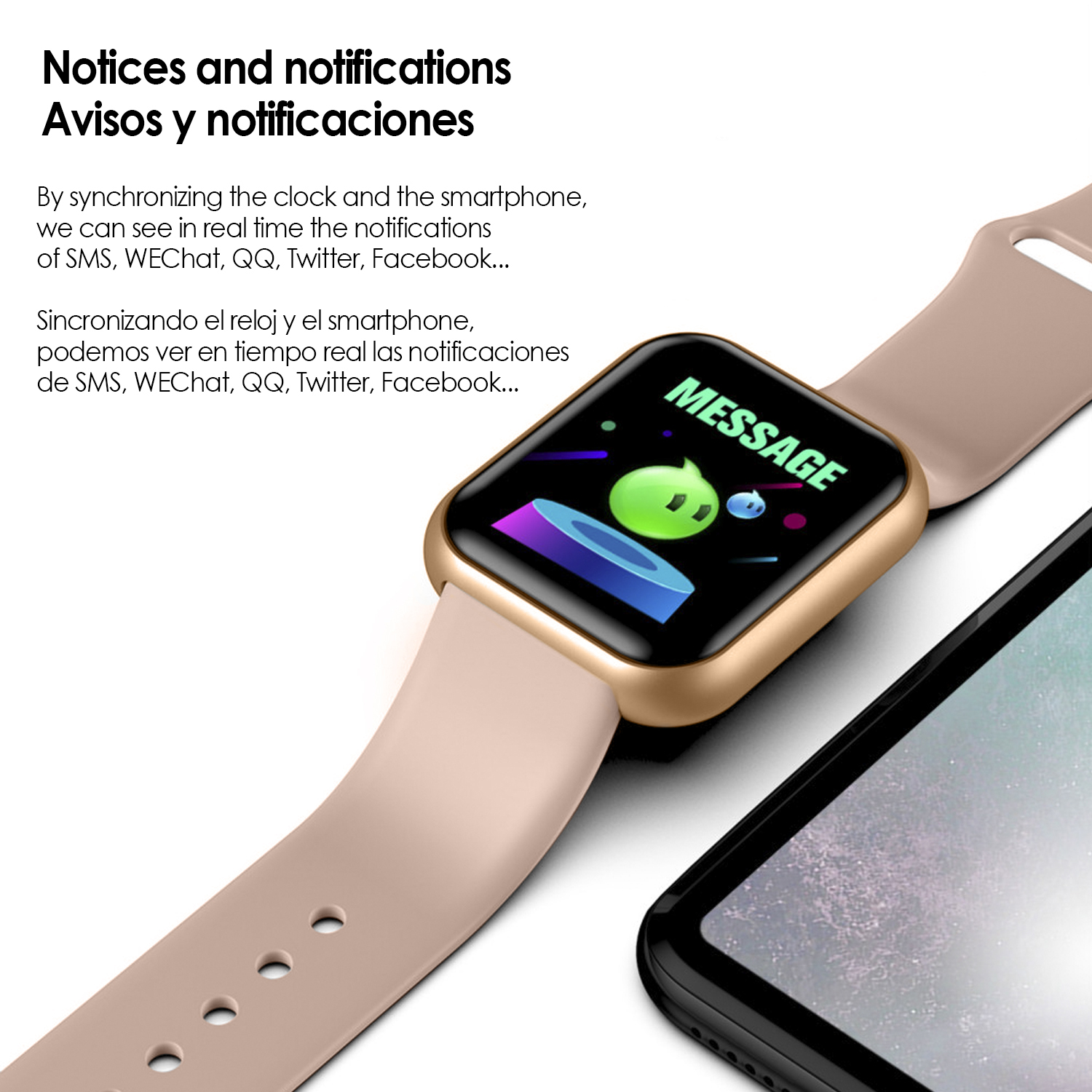Uno smartwatch con cinturino rosa, che mostra una notifica di messaggio sullo schermo. Un telefono è accanto.