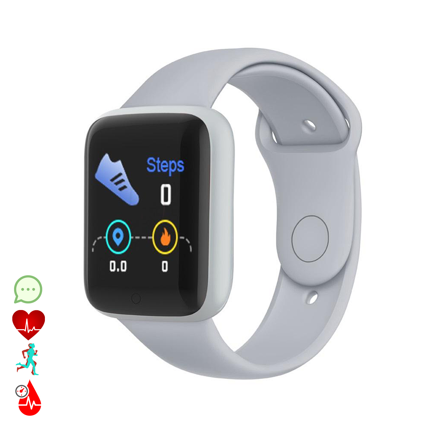 Uno smartwatch grigio con cinturino grigio che mostra passi e altre metriche di salute.
