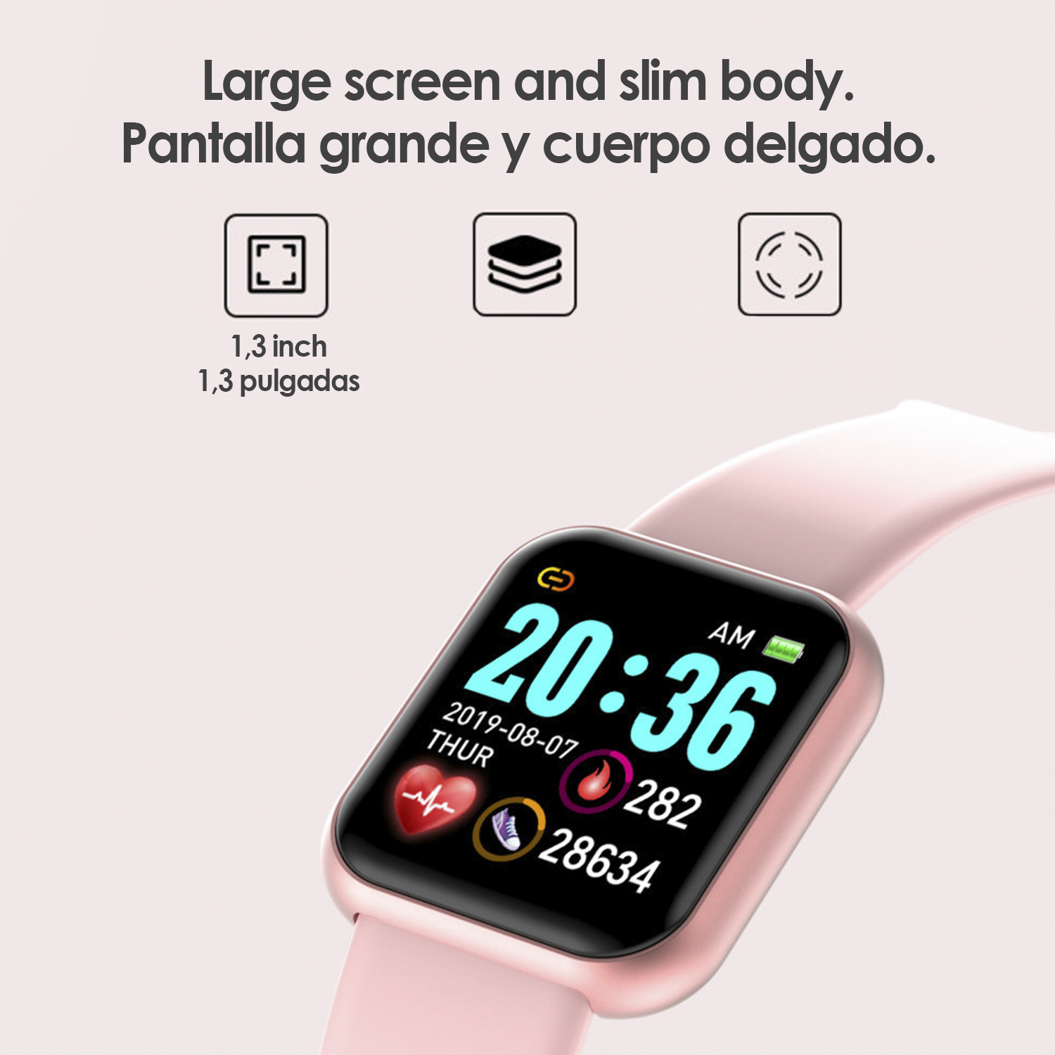 Smartwatch rosa che mostra ora, data, frequenza cardiaca e passi, su sfondo rosa.