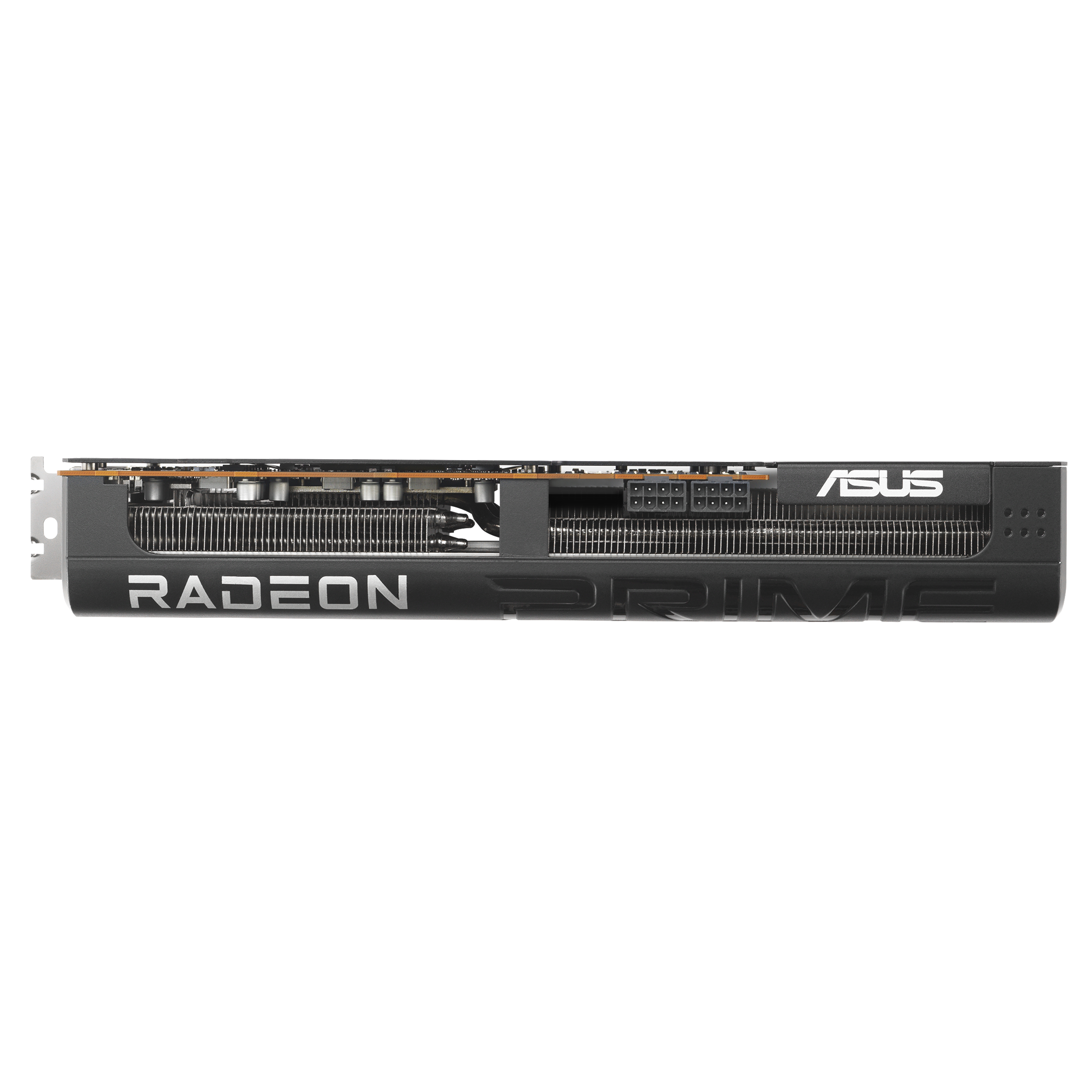 Grafikkarte von der Seite, schwarz, mit RADEON, PRIME und ASUS Logos.