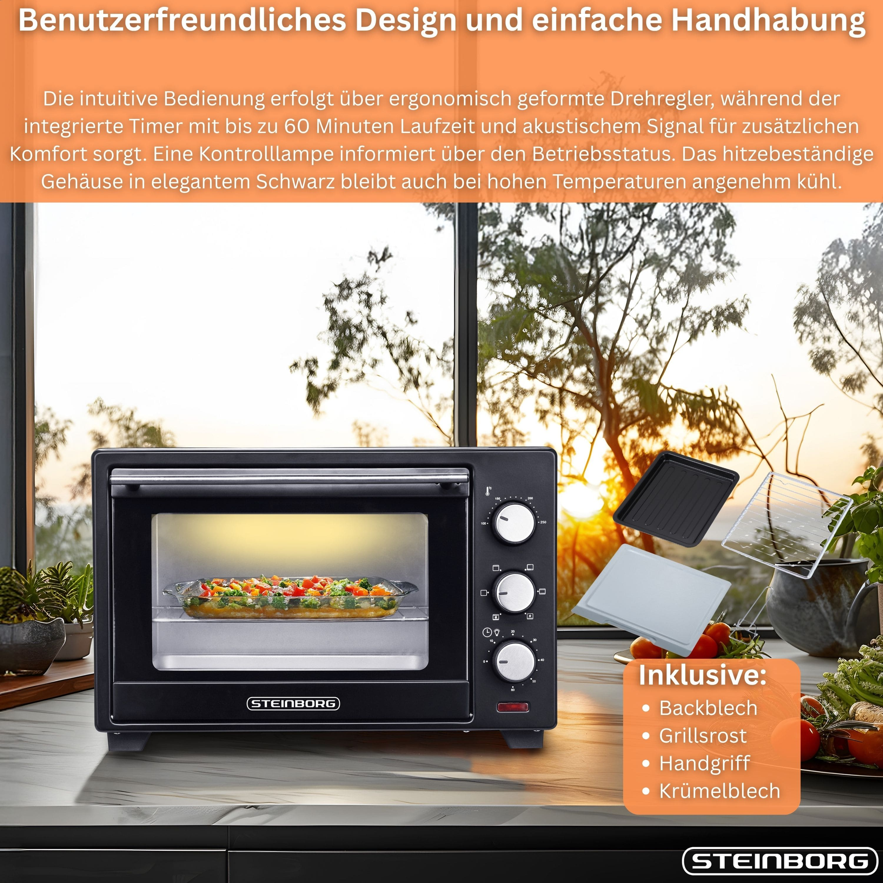 Schwarzer Mini-Backofen mit einem Tablett mit Essen darin. Text über Benutzerfreundlichkeit und Funktionen.