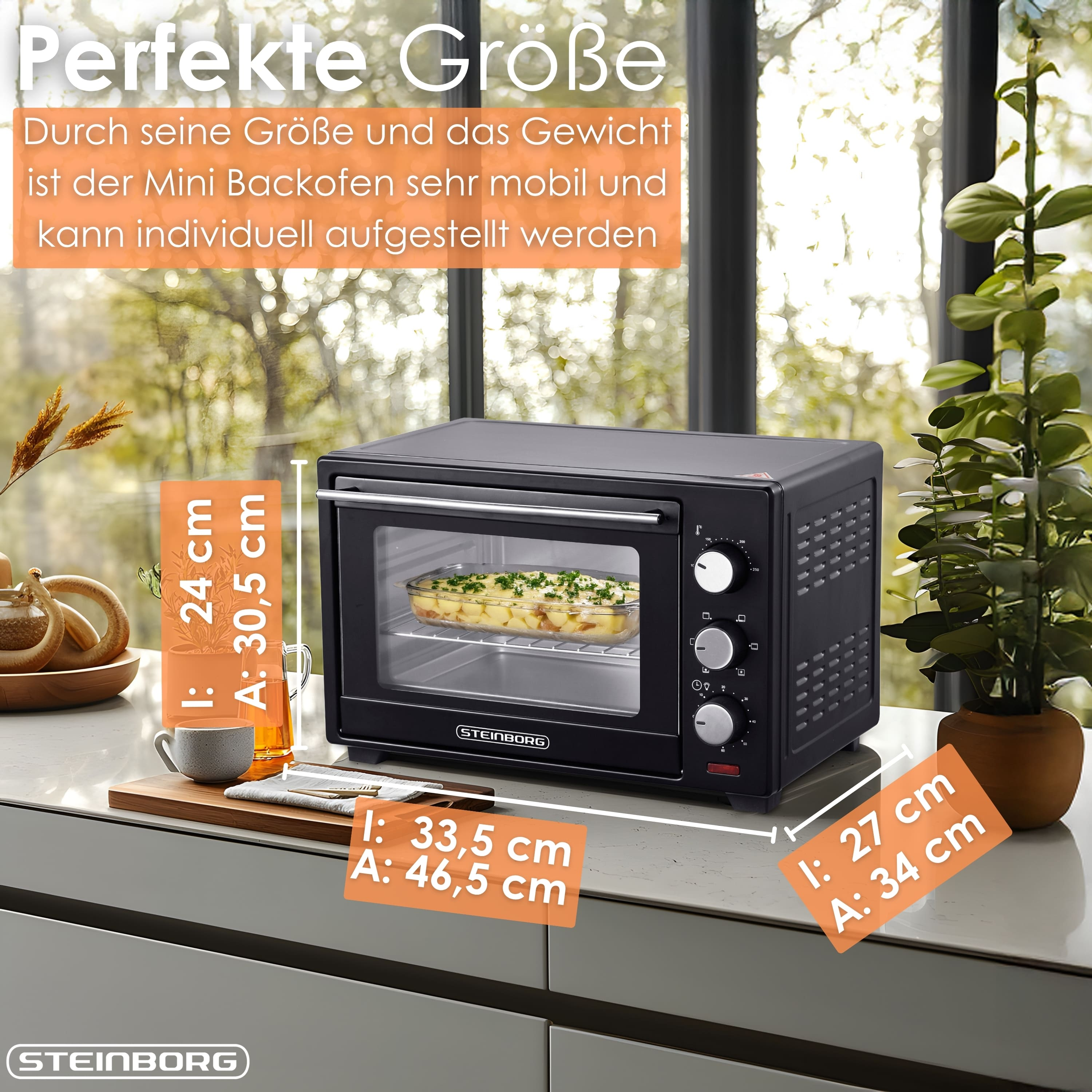 Schwarzer Mini-Backofen mit Abmessungen. Text über perfekte Größe und Gewicht.