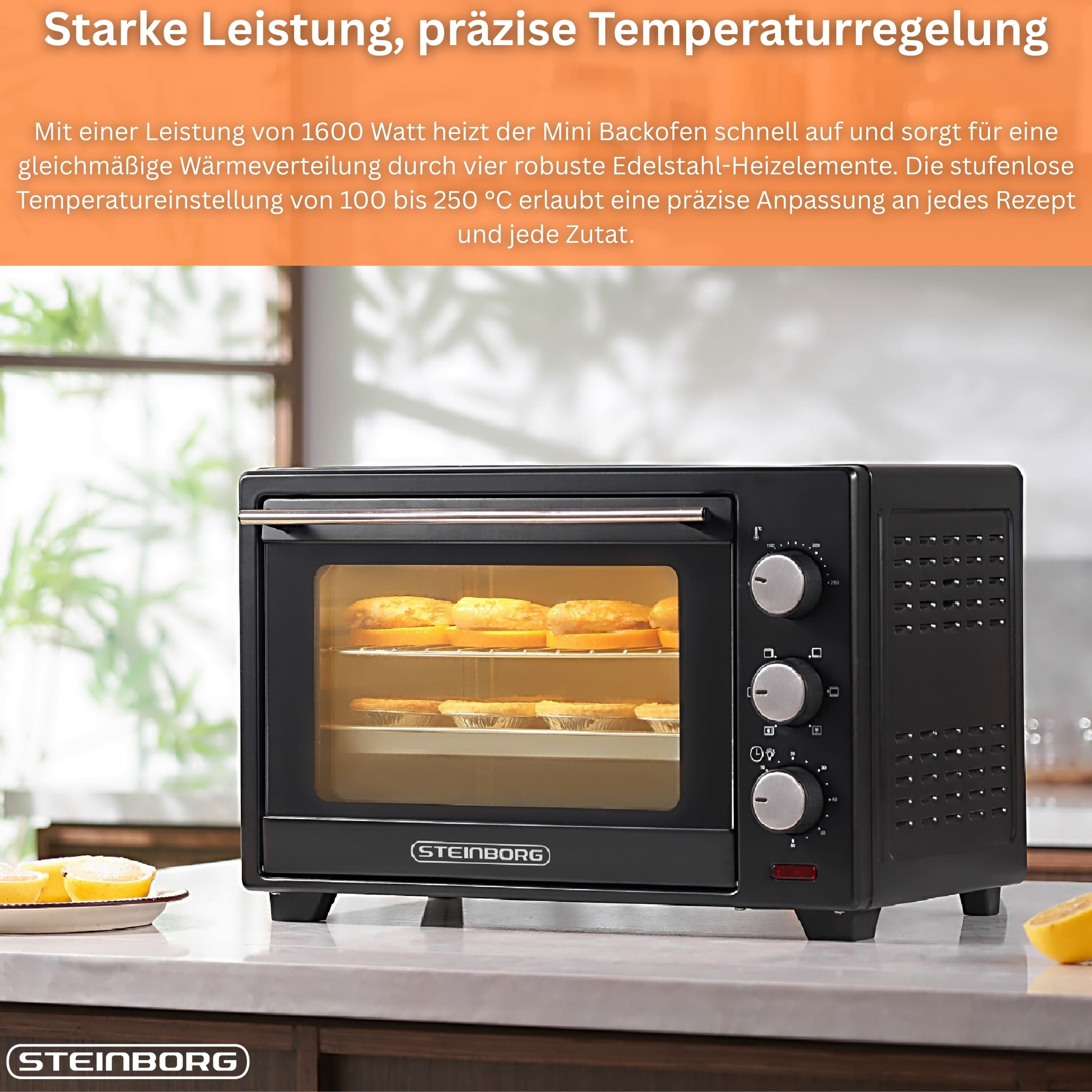 Schwarzer Mini-Backofen mit Backwaren darin. Text über Leistung und Temperaturregelung.