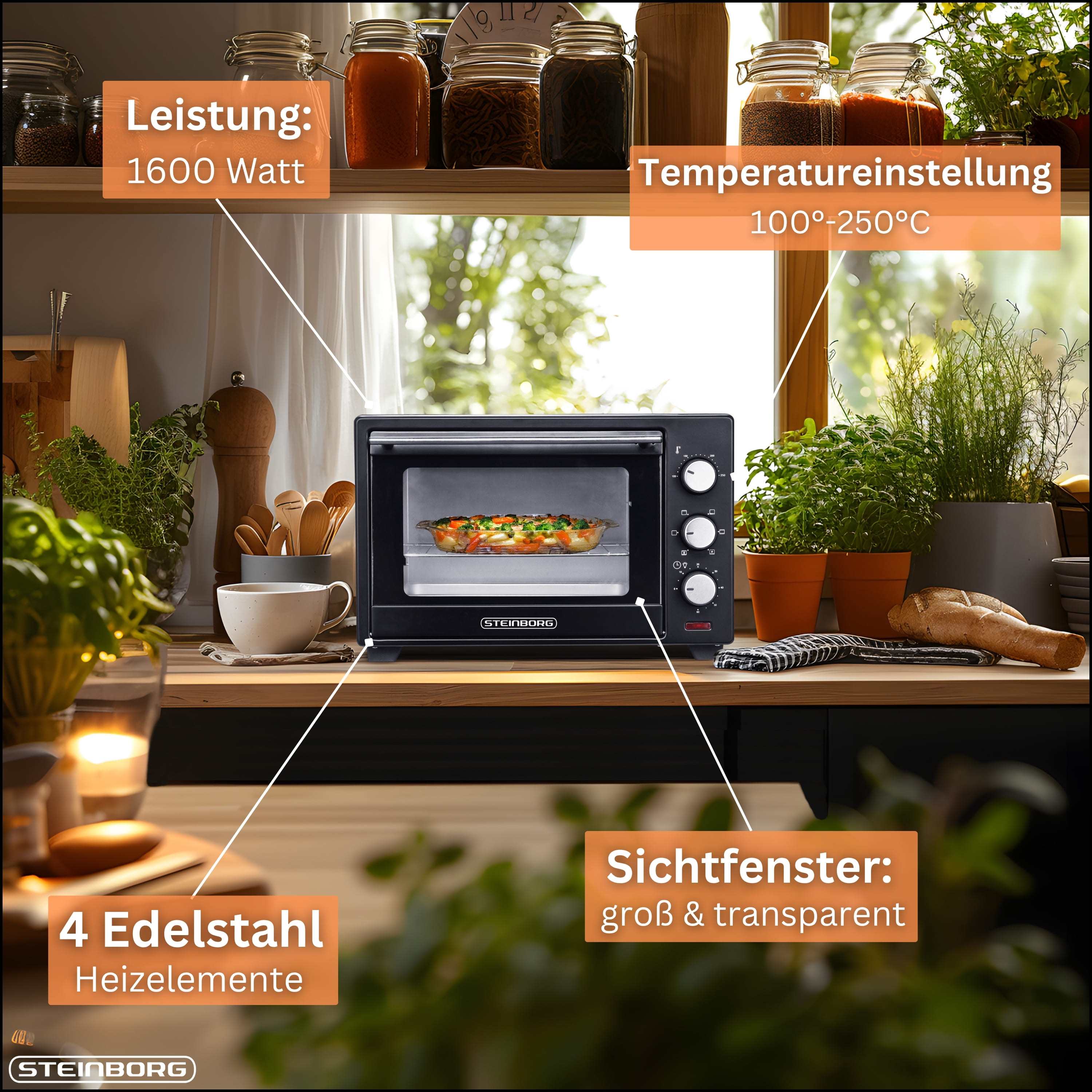 Schwarzer Mini-Backofen auf einer Theke. Gläser, Pflanzen und ein Fenster befinden sich im Hintergrund.