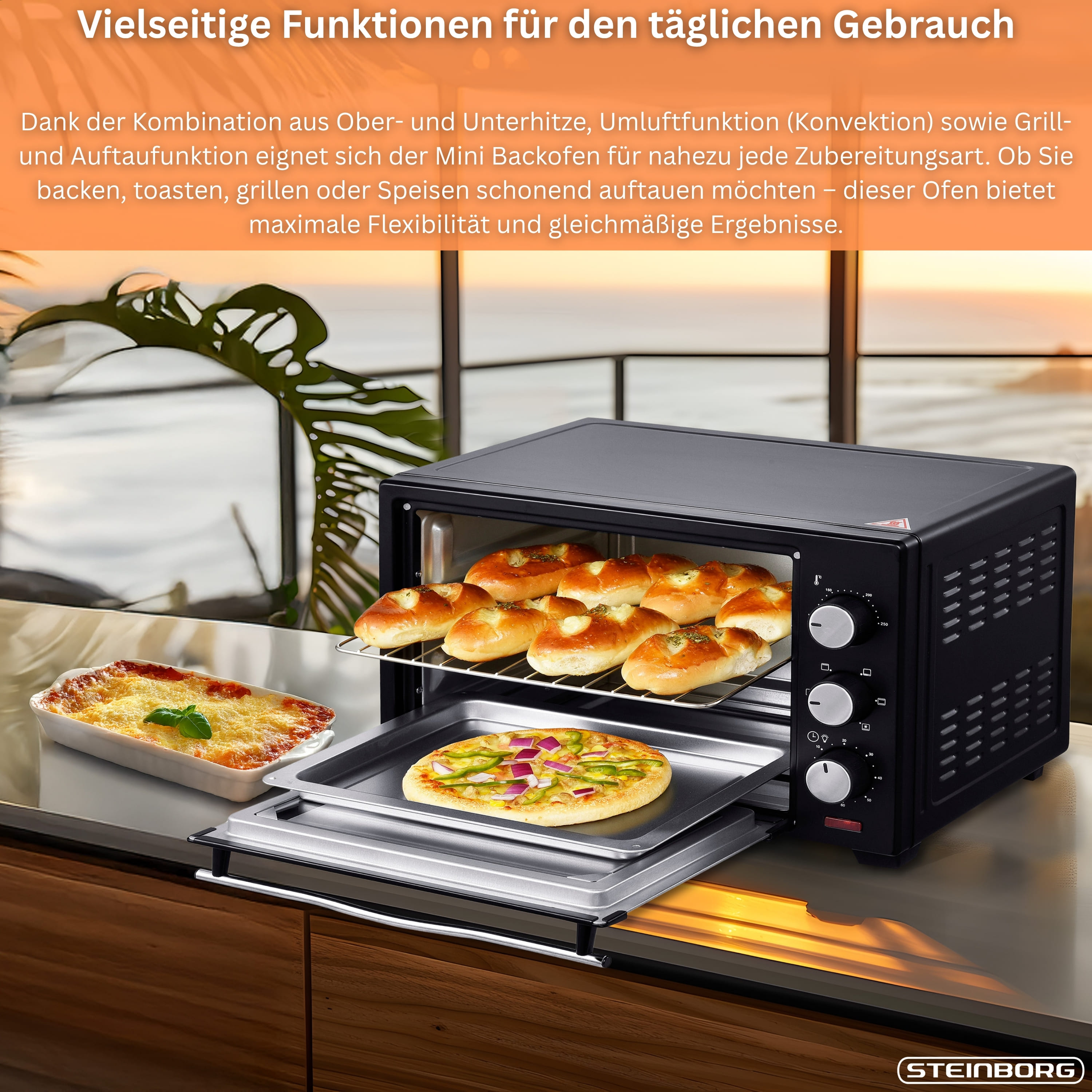 Schwarzer Ofen mit Backwaren. Pizza und Lasagne ebenfalls sichtbar. Grüne Pflanze mit Sonnenuntergang im Hintergrund.