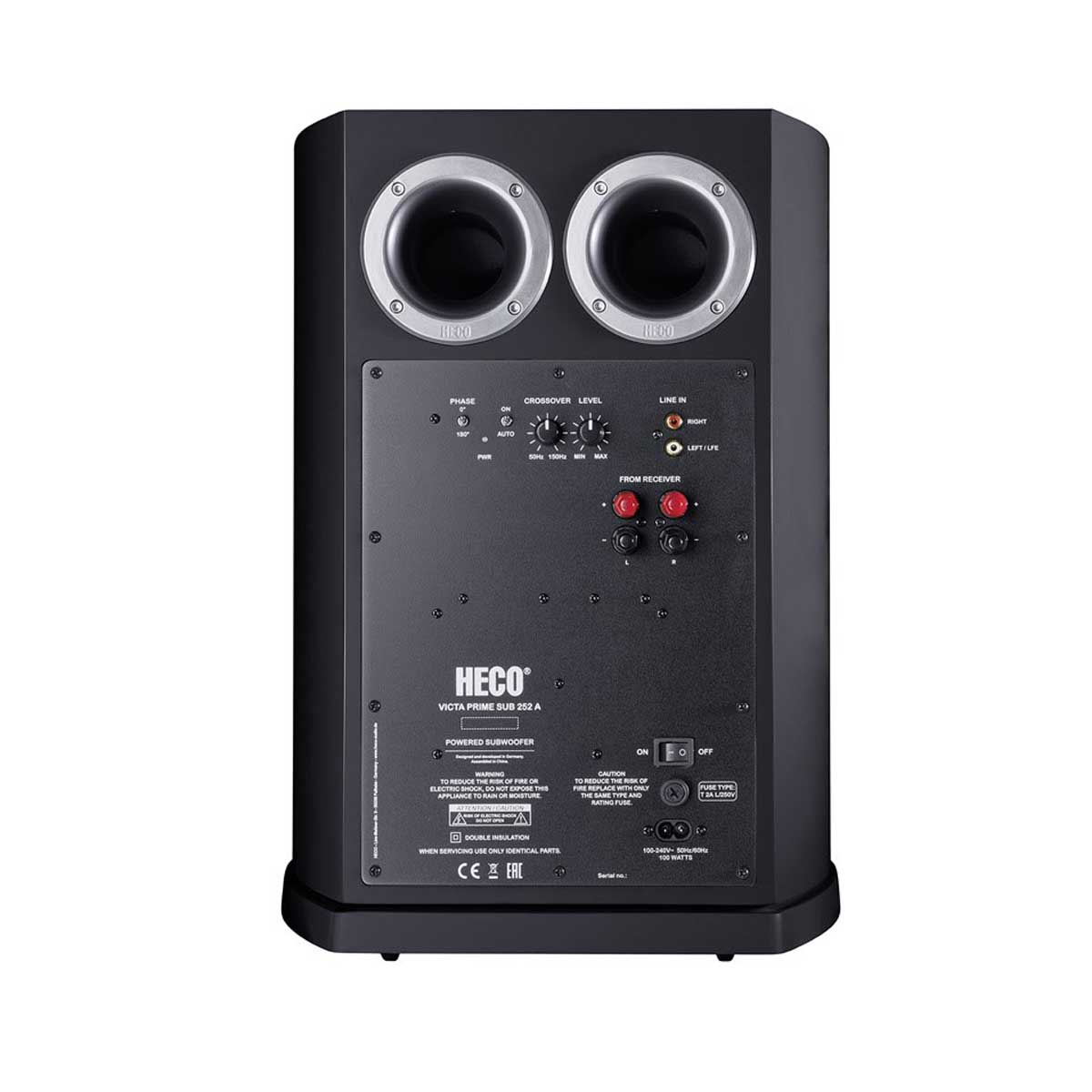 Schwarzer Subwoofer mit Bedienelementen auf der Rückseite, zwei silbernen Anschlüssen, HECO-Etikett.