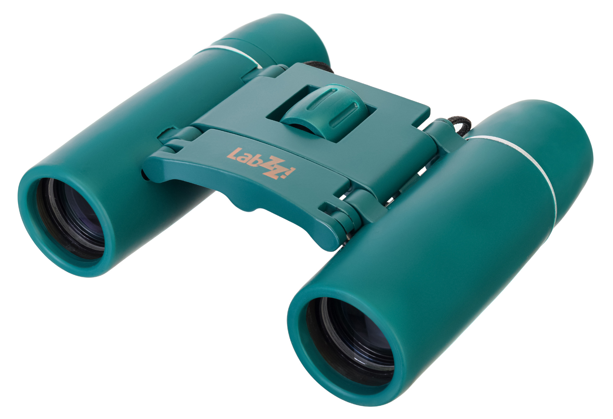 Binocolo verde su sfondo bianco. Il binocolo è a fuoco, mostrando dettagli.