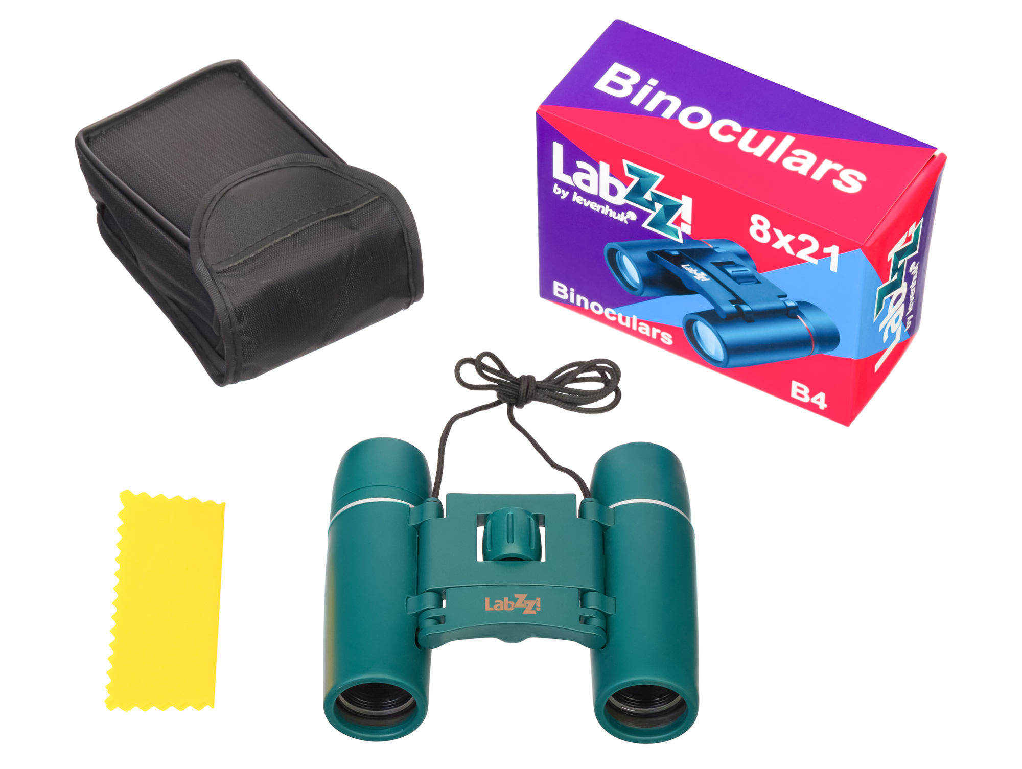 Binocolo verde con custodia e panno per la pulizia, più una scatola con binocolo stampato.