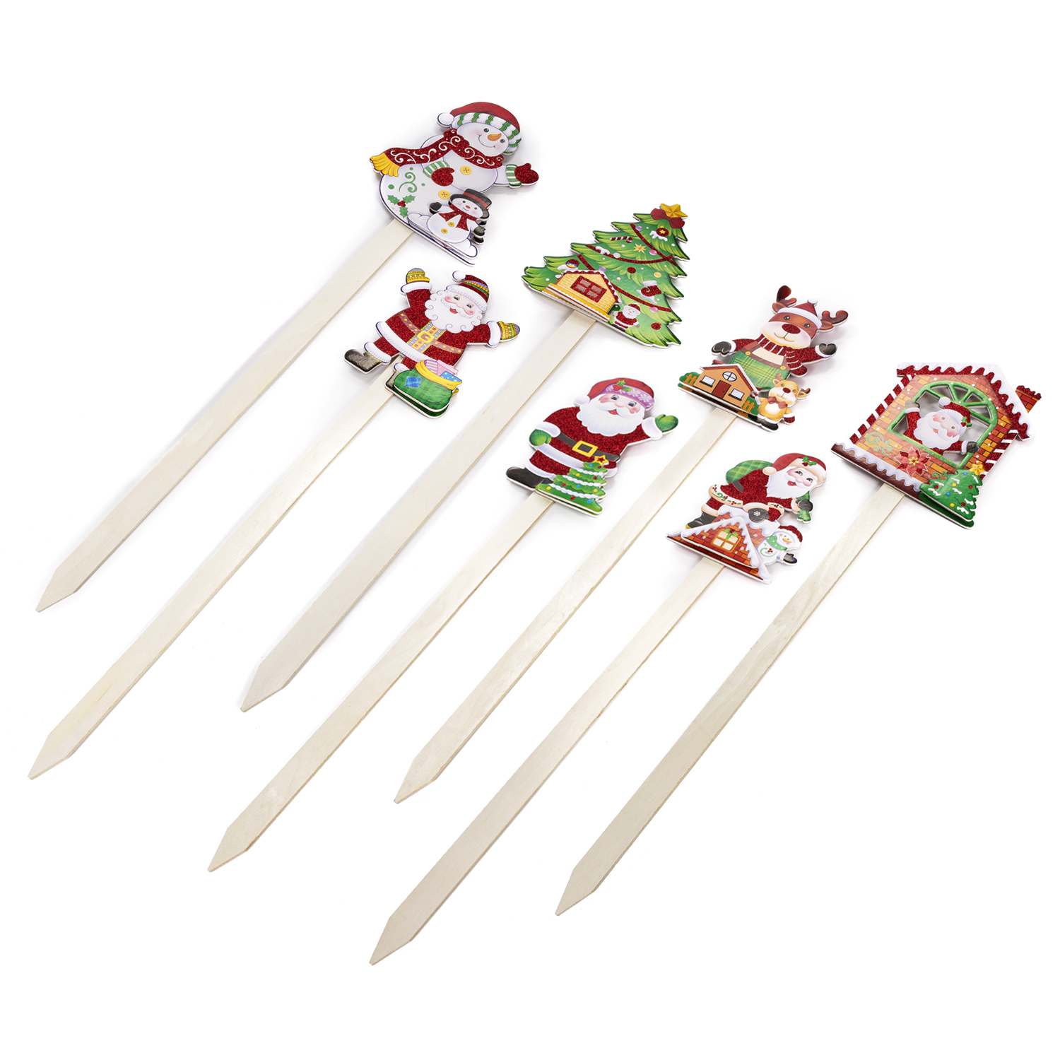 Weihnachtliche Deko-Picks. Enthält Schneemann, Weihnachtsmann, Baum und andere Designs. Weißer Hintergrund.